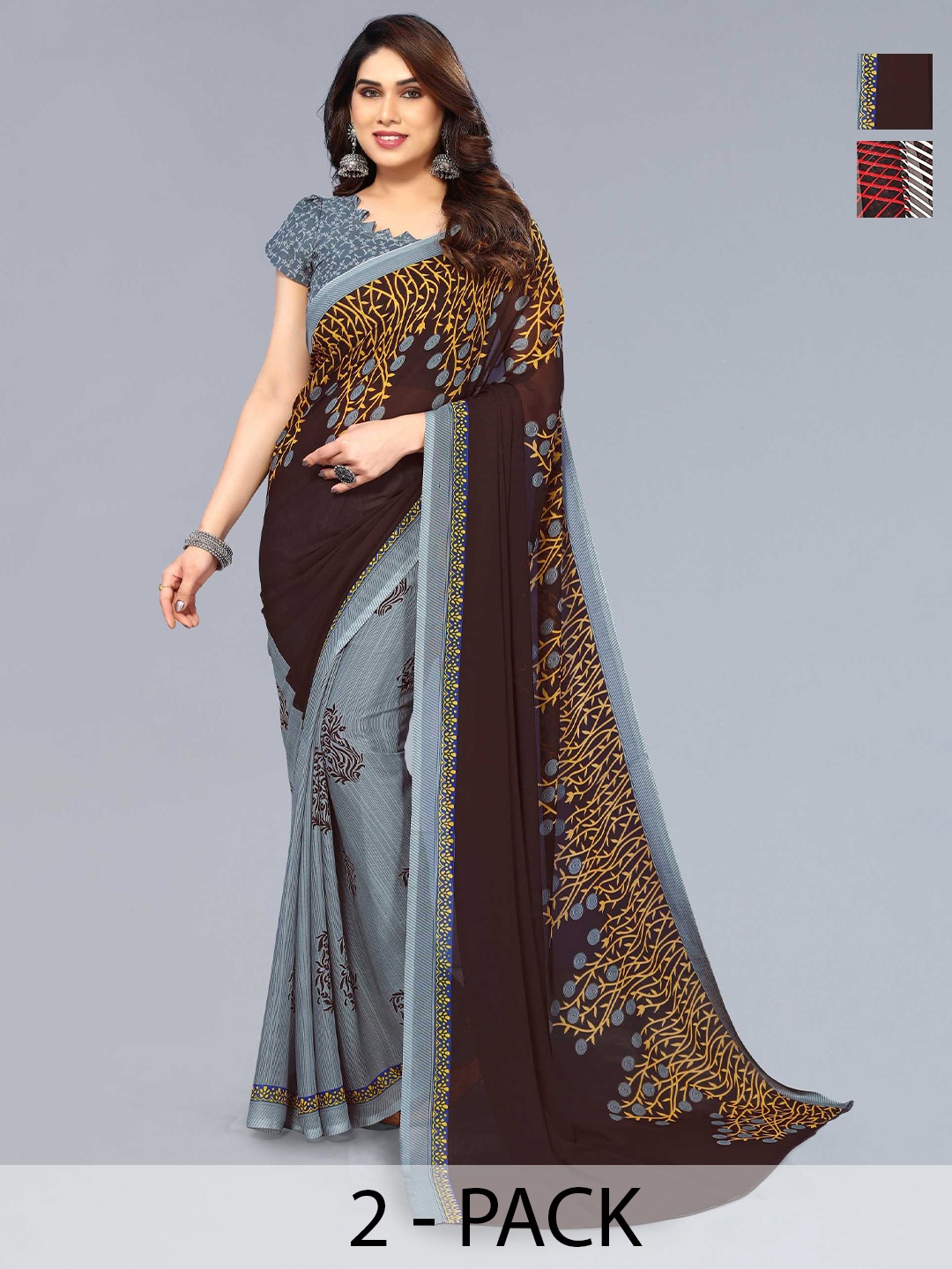 

ANAND SAREES Selection Of 2 Geometric Printed Sarees, Red