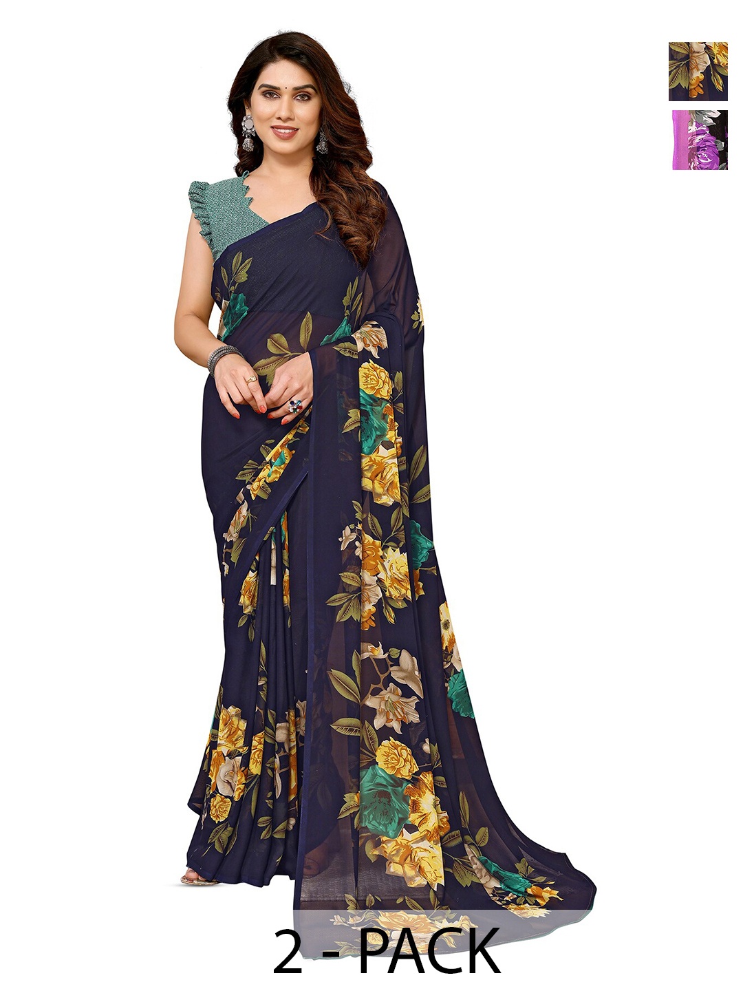 

ANAND SAREES Selection Of 2 Printed Sarees, Navy blue