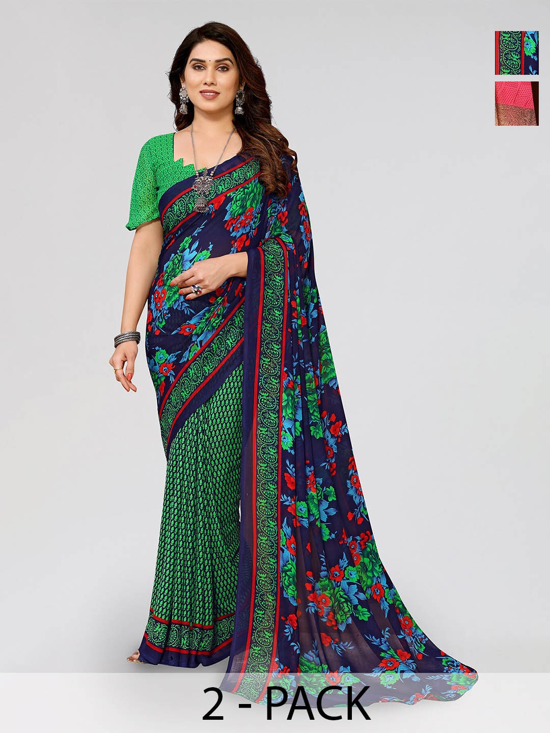 

ANAND SAREES Selection Of 2 Floral Printed Sarees, Green