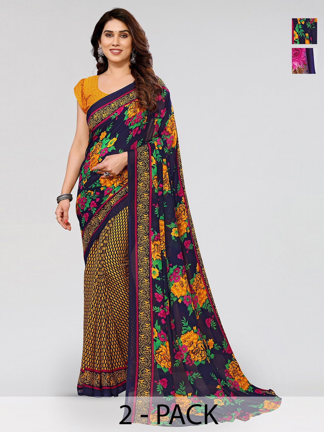 

ANAND SAREES Selection Of 2 Floral Printed Sarees, Blue