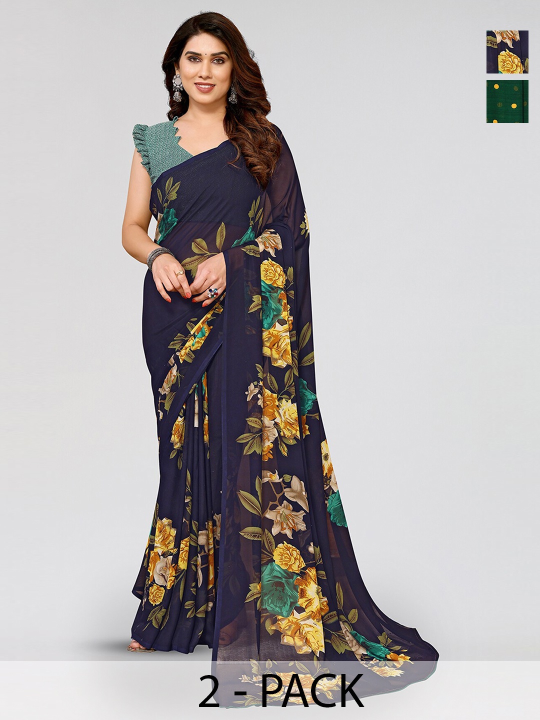 

ANAND SAREES Selection Of 2 Printed Sarees, Green