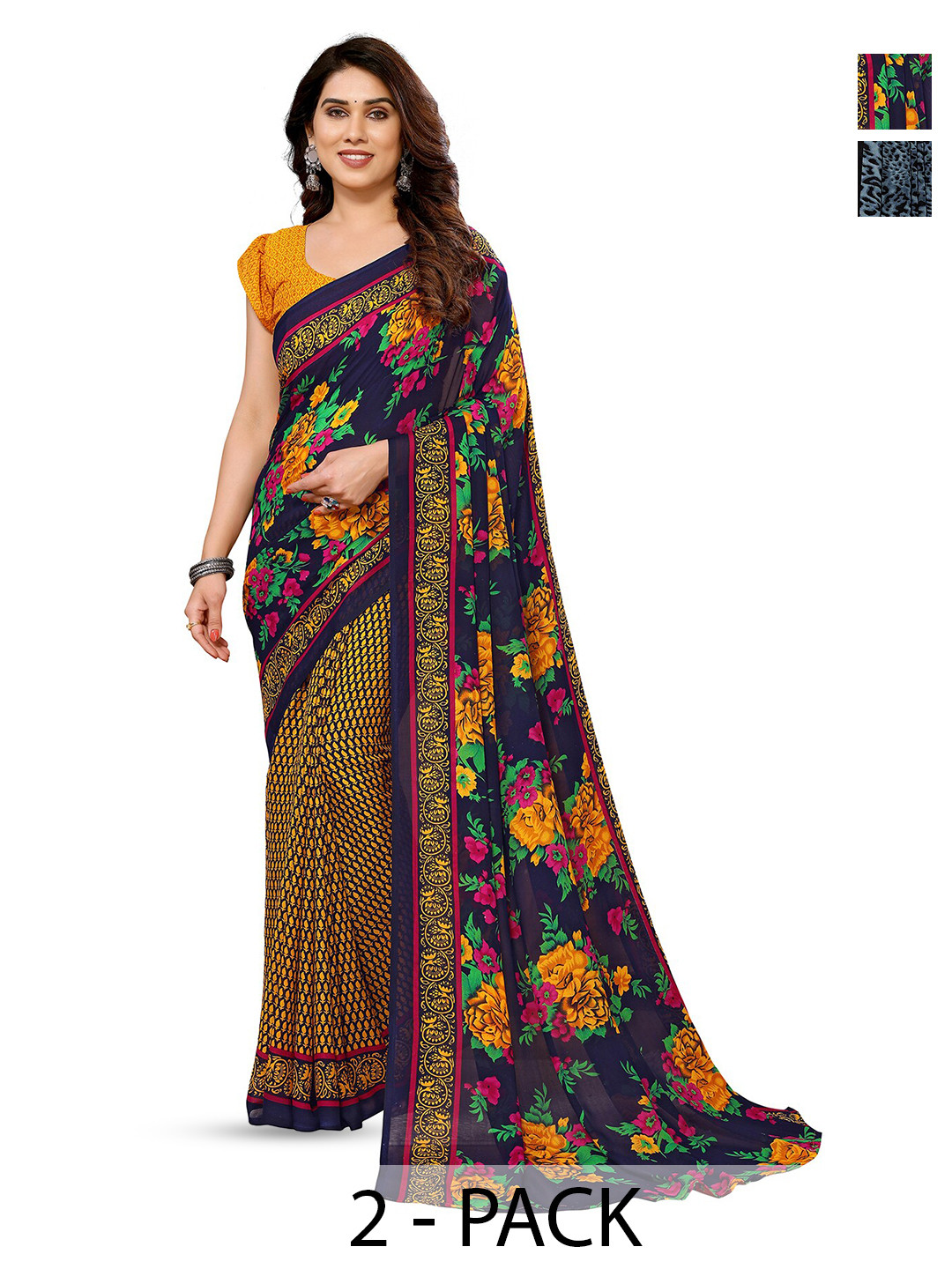 

ANAND SAREES Pack Of 2 Floral Printed Half & Half Saree, Navy blue