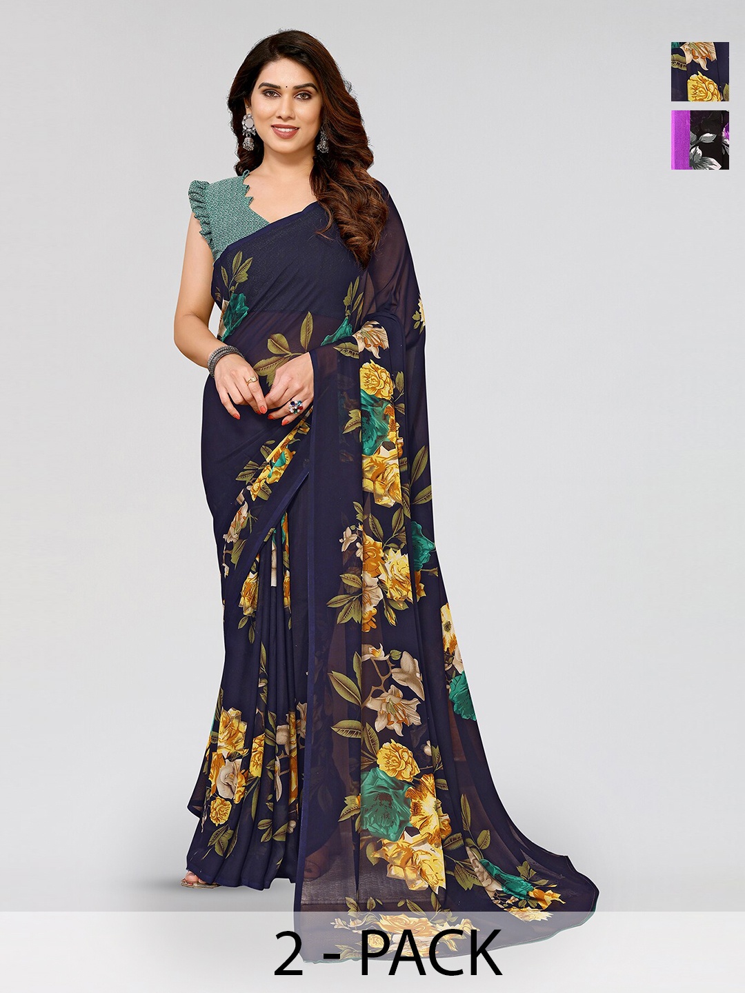 

ANAND SAREES Selection Of 2 Printed Sarees, Black