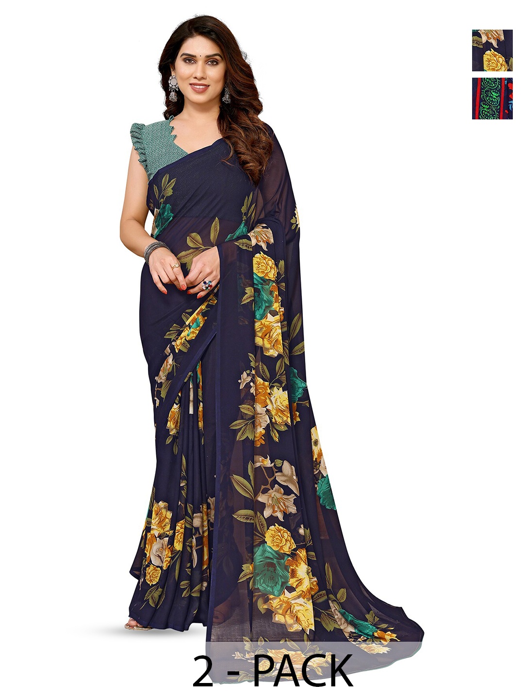 

ANAND SAREES Pack Of 2 Floral Printed Saree, Navy blue
