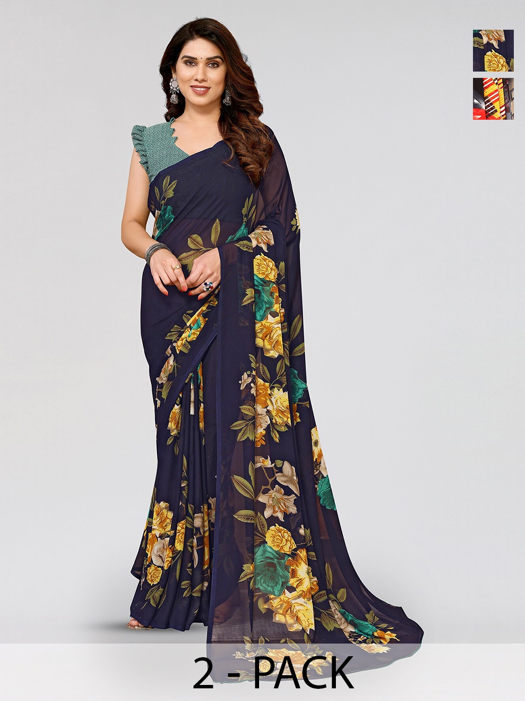 

ANAND SAREES Selection Of 2 Floral Printed Sarees, Navy blue