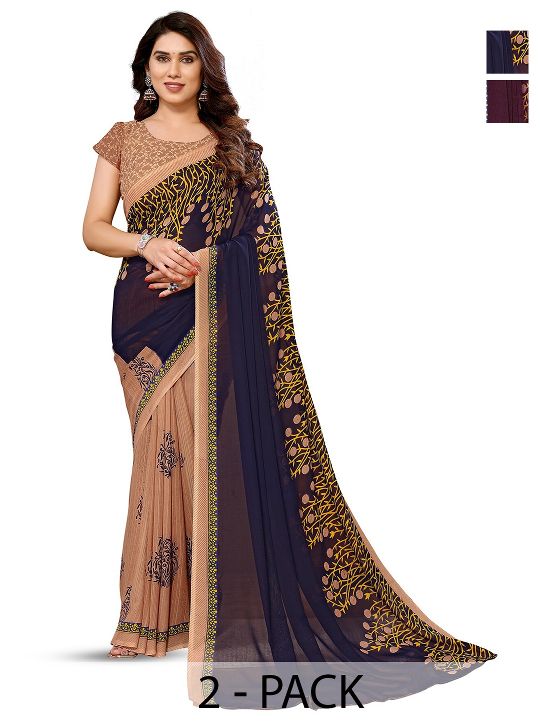 

ANAND SAREES Selection Of 2 Ethnic Motifs Printed Sarees, Navy blue