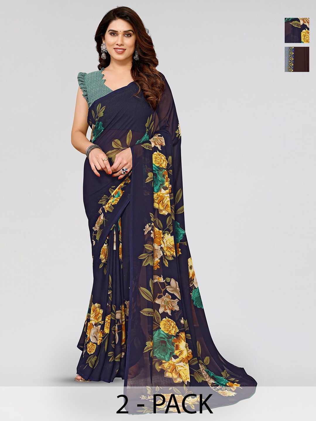 

ANAND SAREES Selection Of 2 Printed Sarees, Navy blue