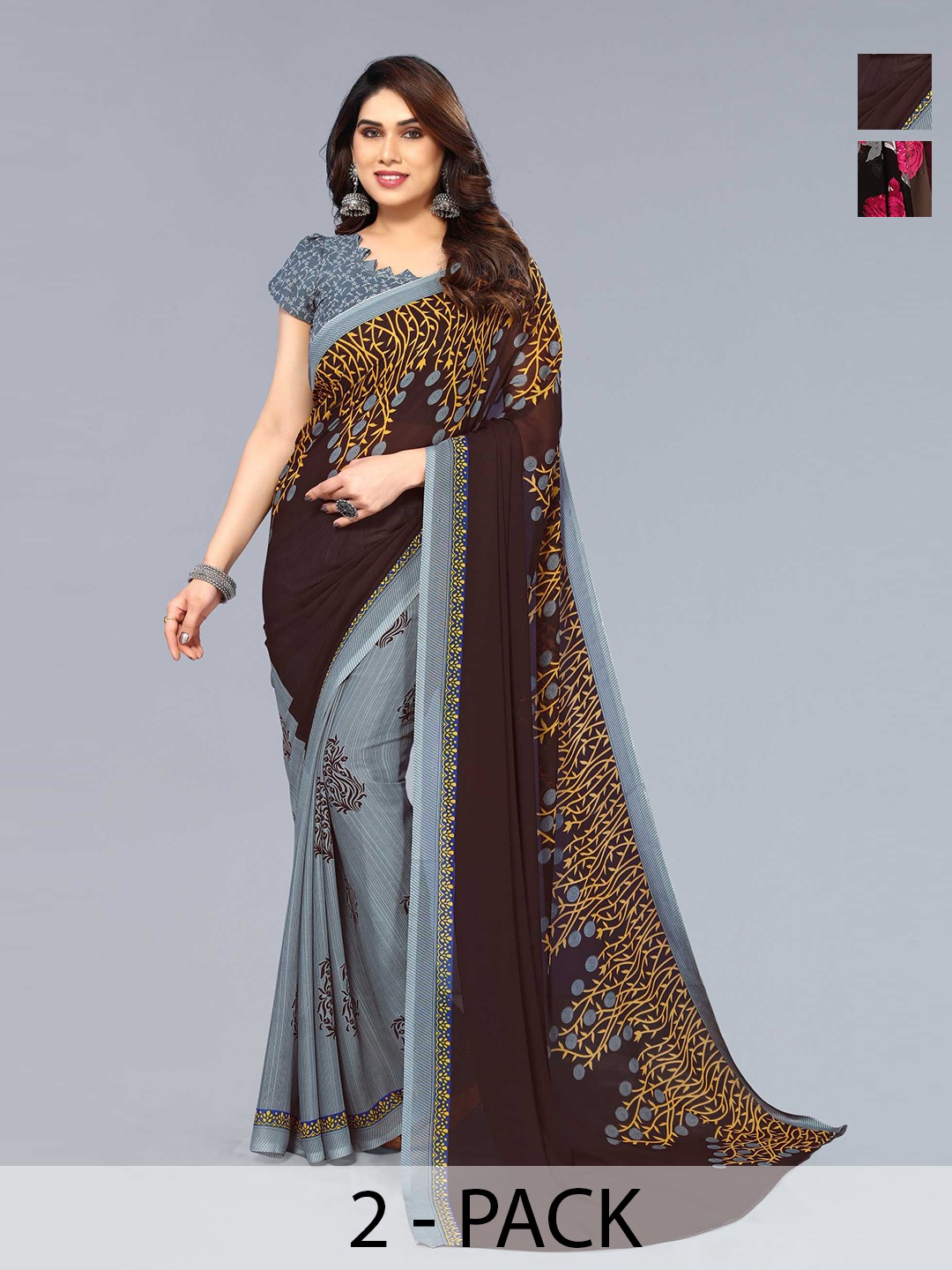 

ANAND SAREES Selection Of 2 Floral Printed Georgette Sarees, Grey