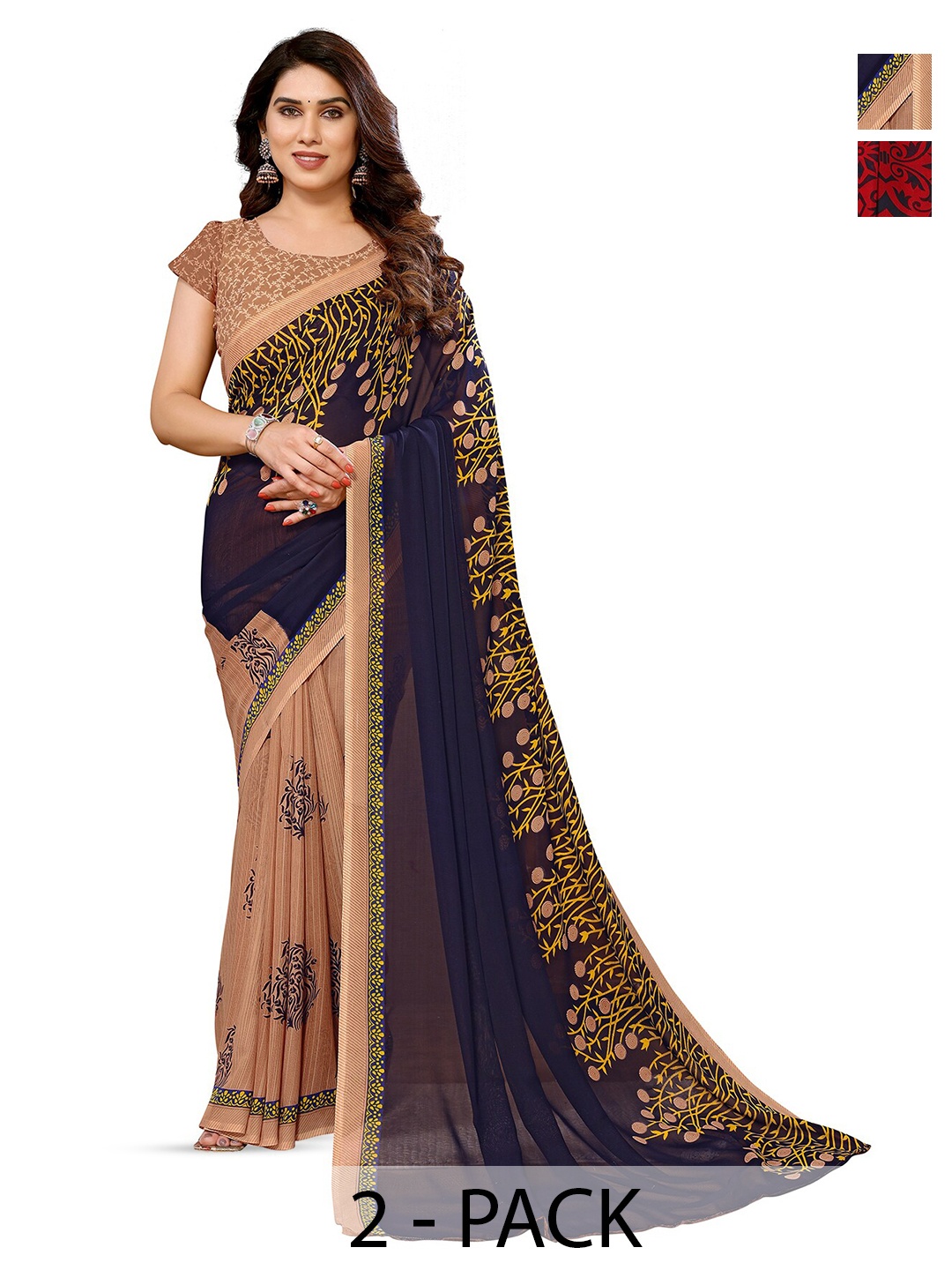 

ANAND SAREES Selection Of 2 Ethnic Motifs Printed Sarees, Navy blue