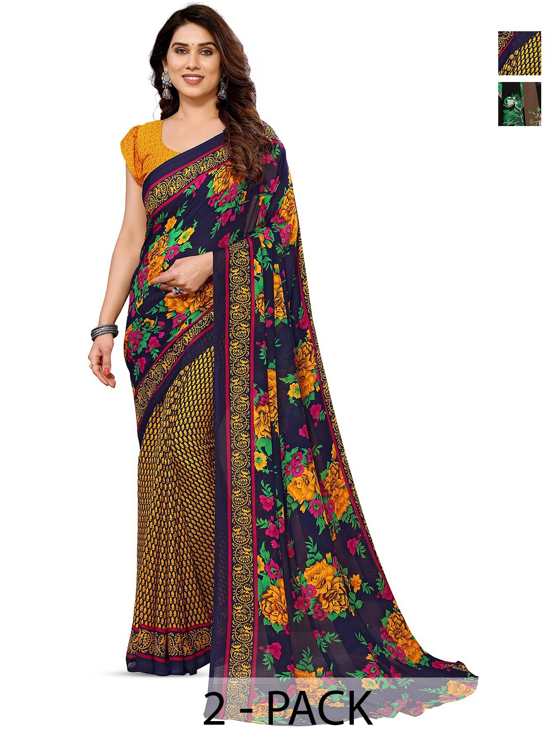 

ANAND SAREES Selection Of 2 Floral Saree, Green