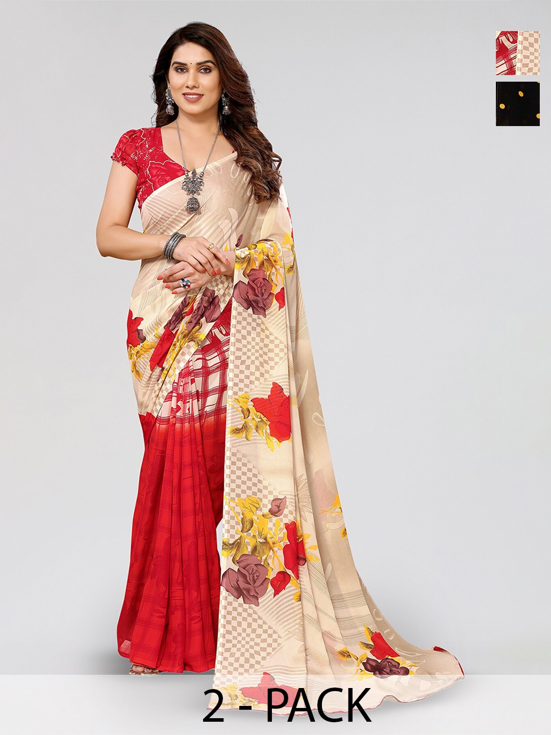 

ANAND SAREES Selection Of 2 Floral Printed Sarees, Red