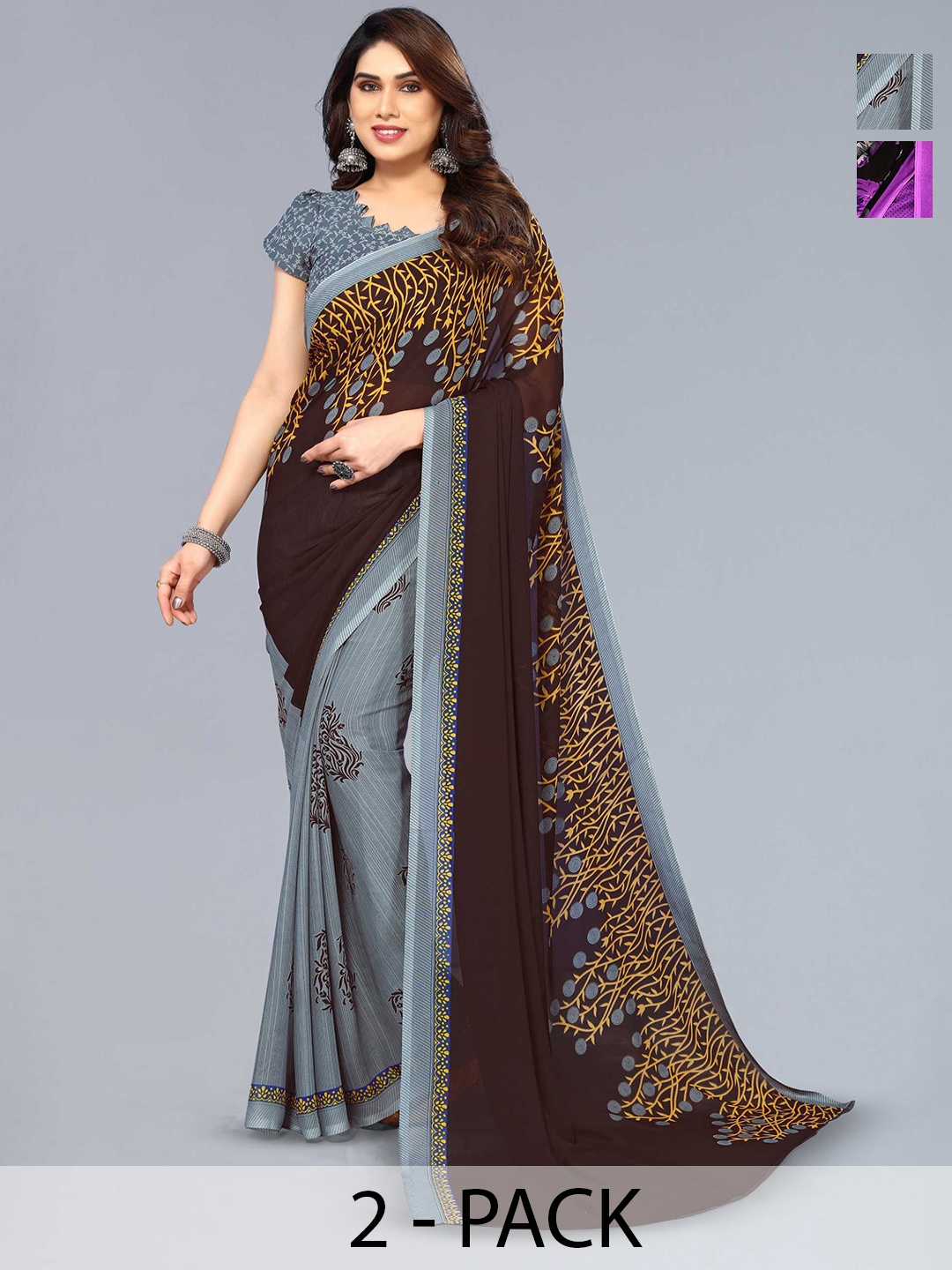 

ANAND SAREES Selection Of 2 Floral Printed Sarees, Purple