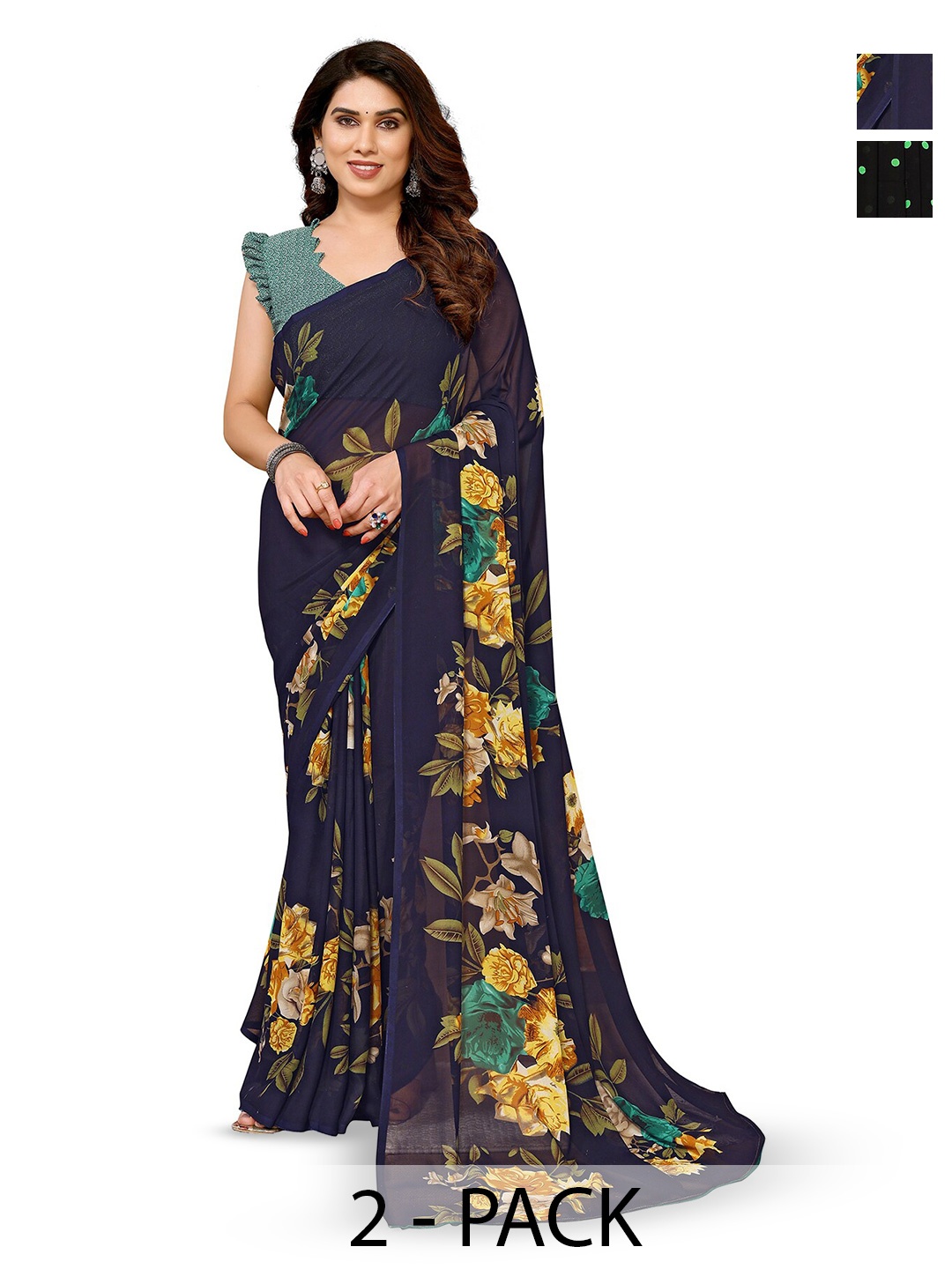 

ANAND SAREES Selection Of 2 Floral Printed Saree, Navy blue