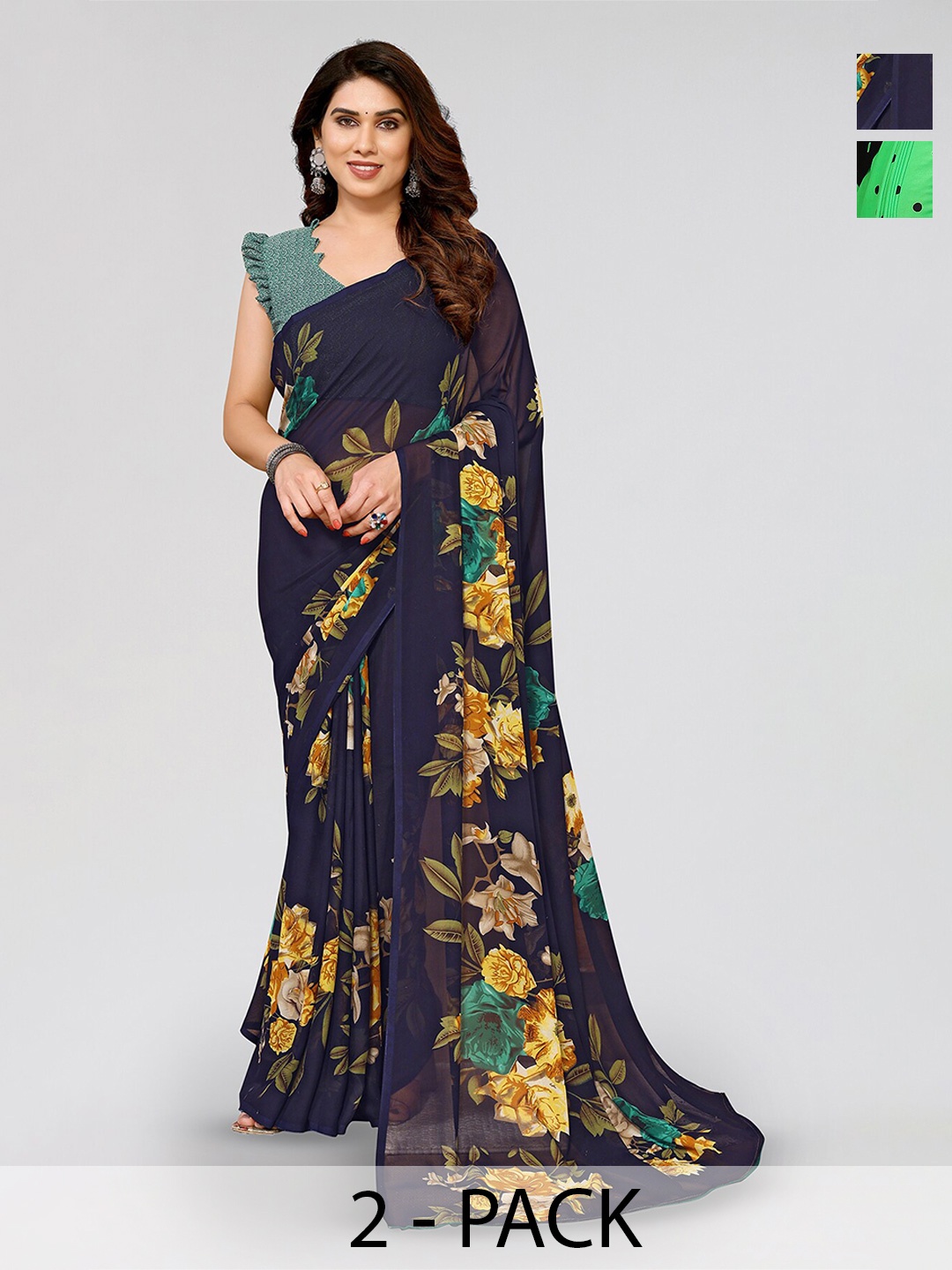 

ANAND SAREES Selection Of 2 Floral Printed Sarees, Navy blue