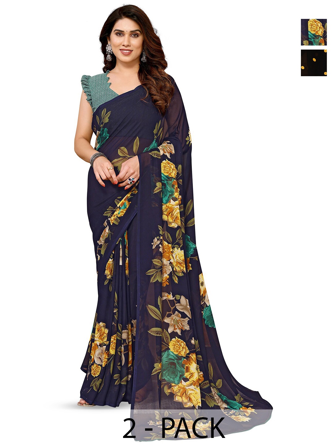 

ANAND SAREES Selection Of 2 Printed Sarees, Black