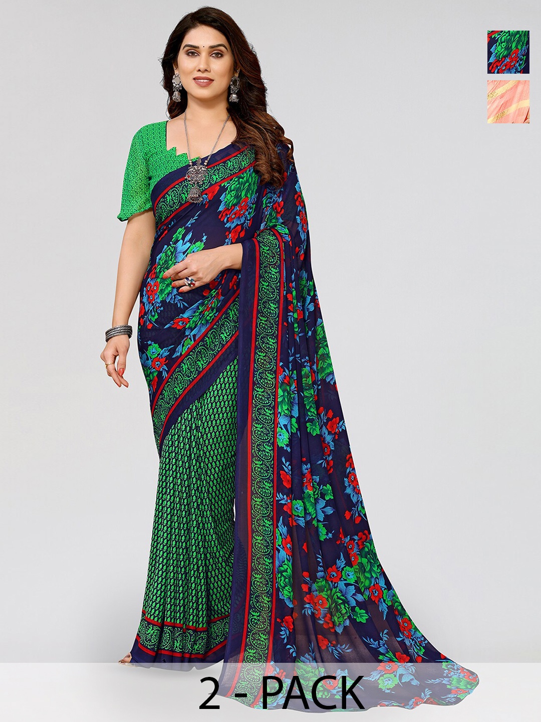 

ANAND SAREES Selection Of 2 Printed Saree, Navy blue