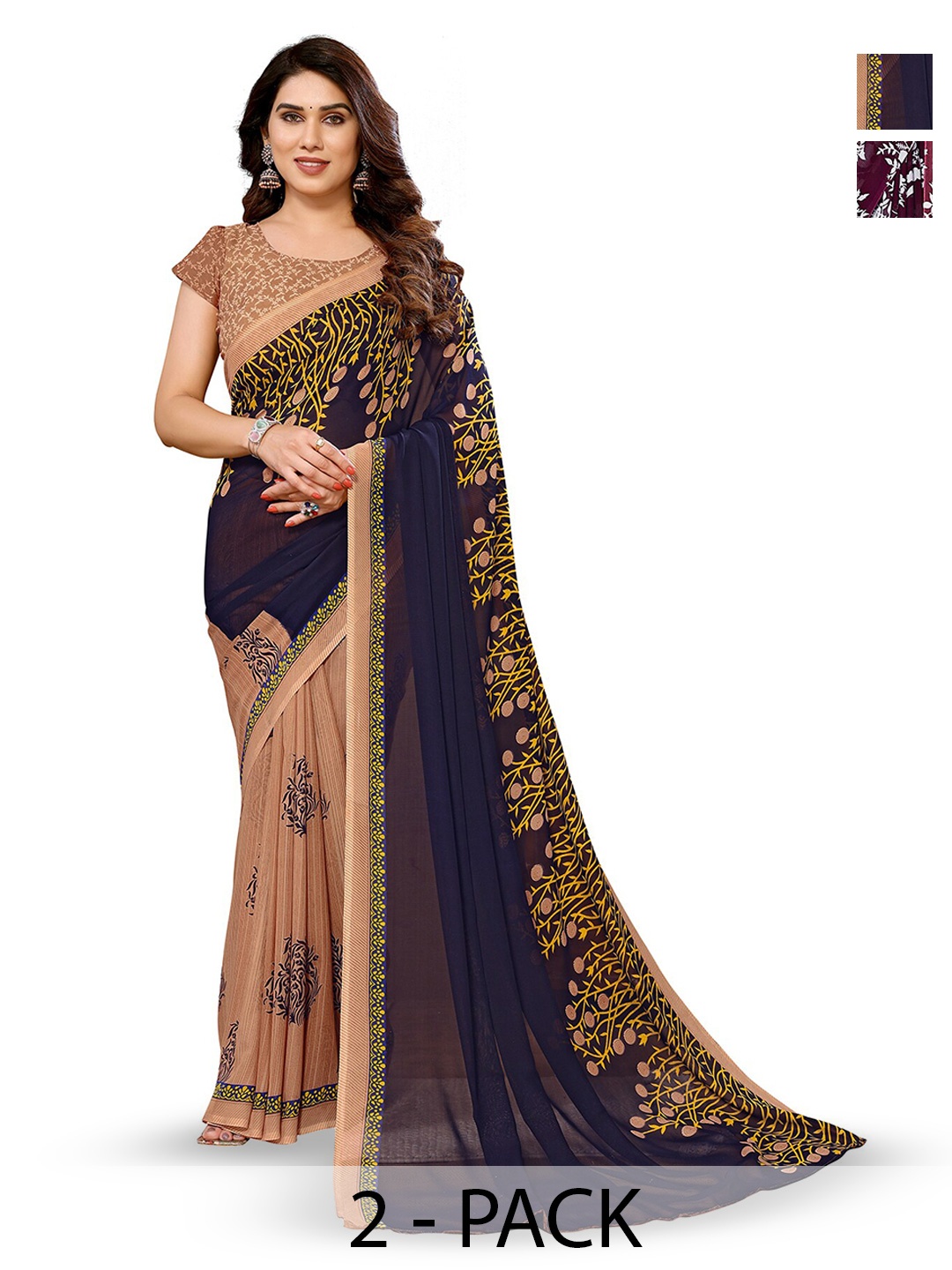

ANAND SAREES Selection Of 2 Floral Printed Sarees, Navy blue