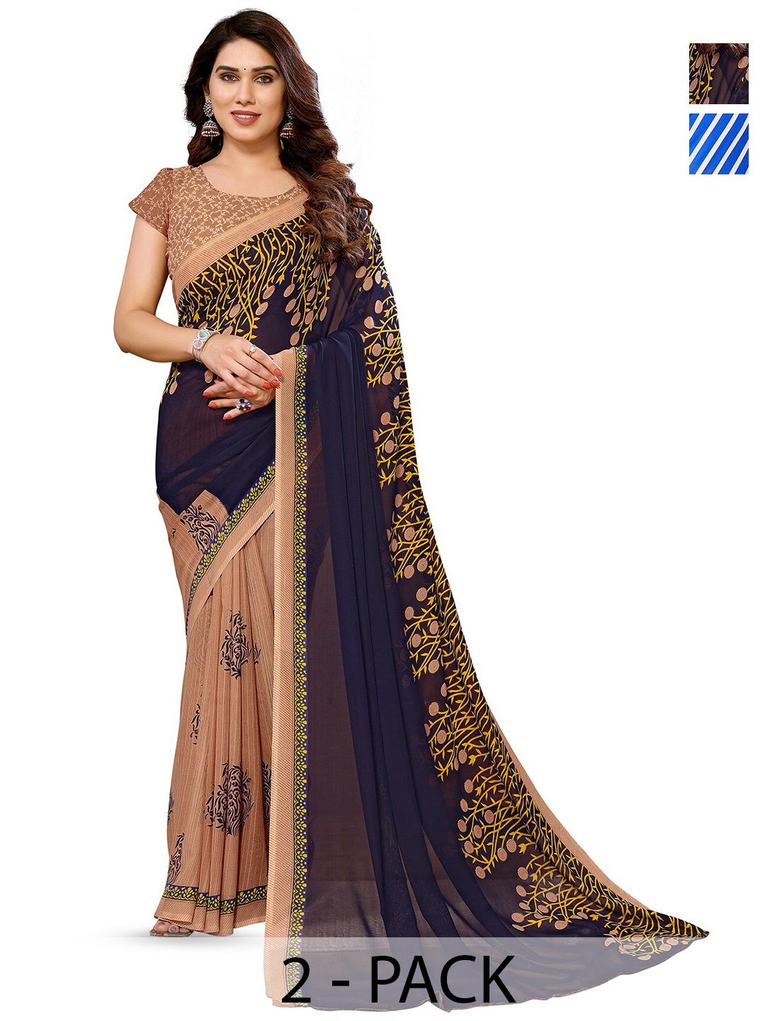 

ANAND SAREES Selection Of 2 Striped Sarees, Blue