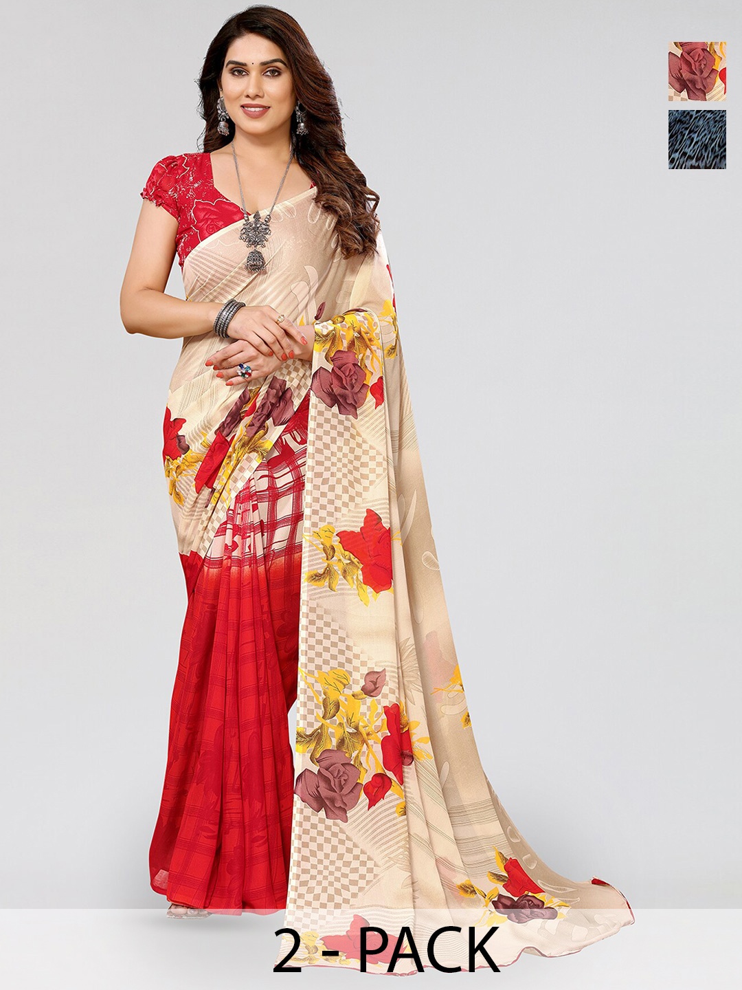 

ANAND SAREES Selection Of 2 Printed Sarees, Beige