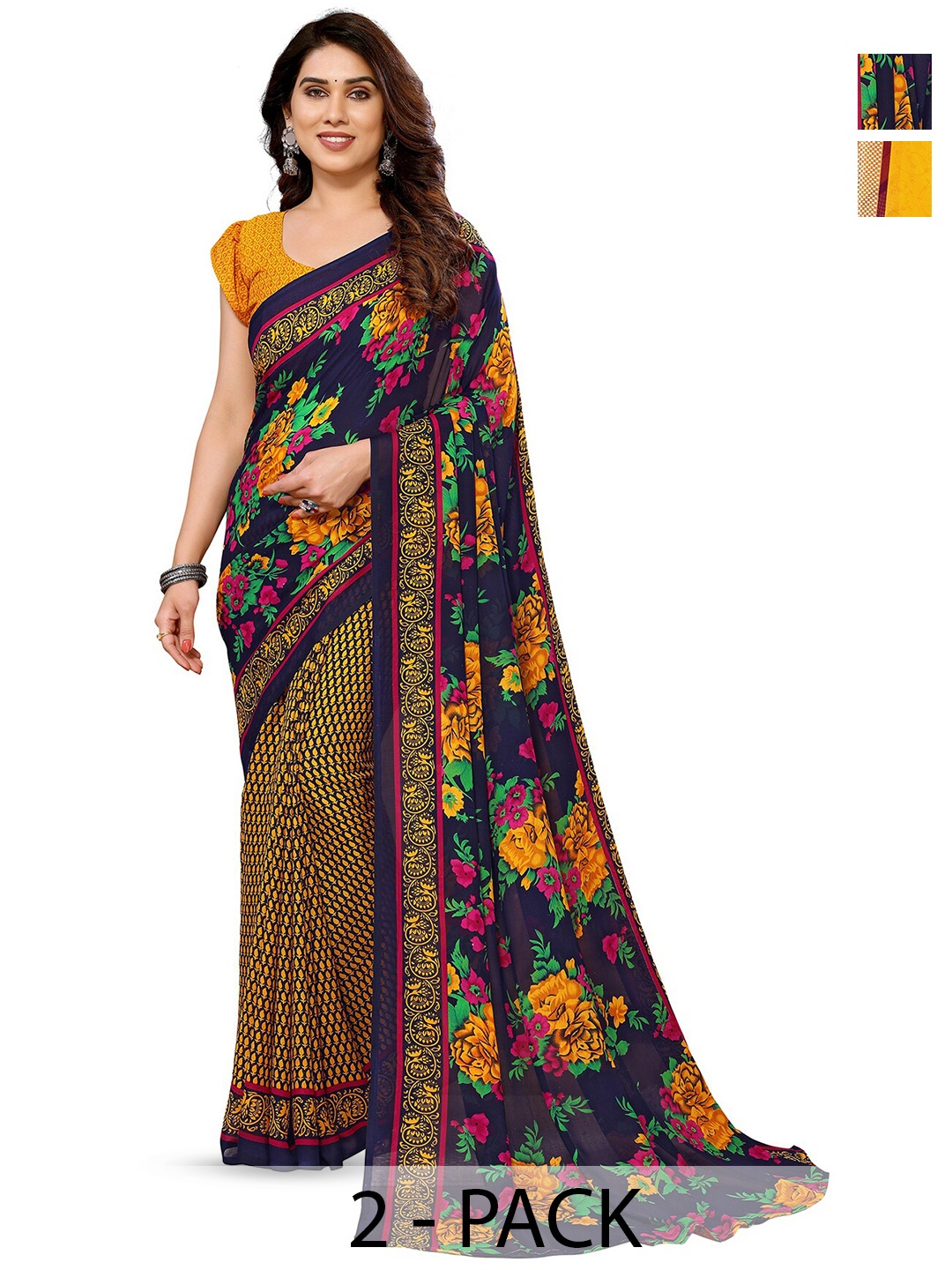 

ANAND SAREES Selection Of 2 Printed Saree, Navy blue