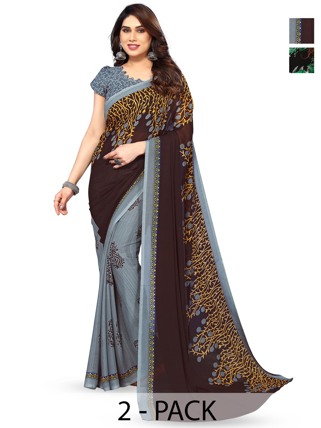 

ANAND SAREES Selection of 2 Printed Georgette Saree, Black
