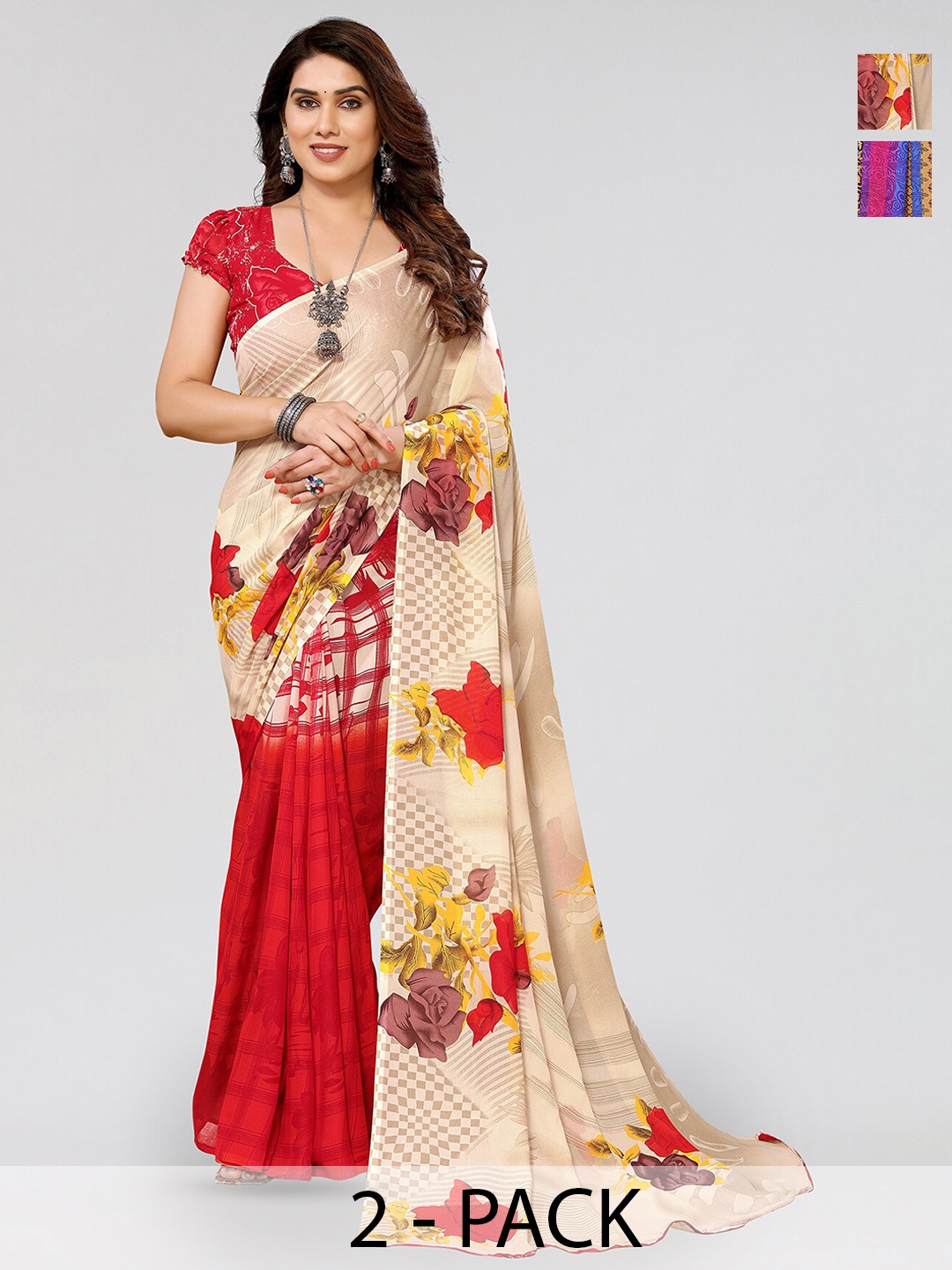 

ANAND SAREES Selection of 2 Floral Printed Saree, Red