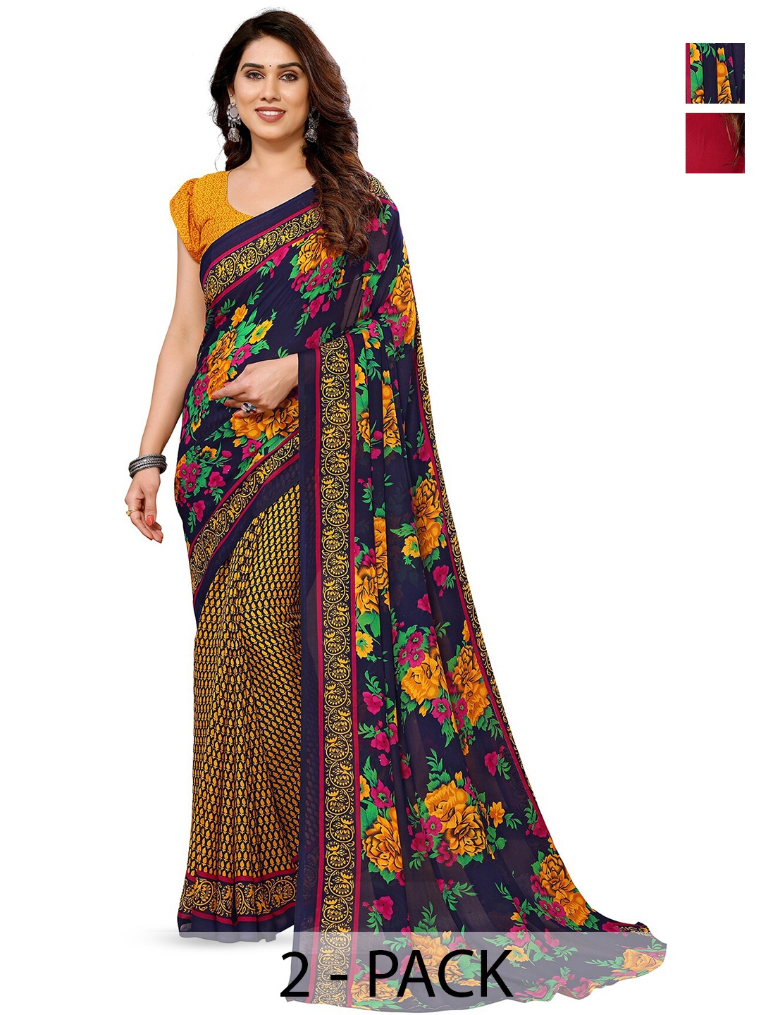 

ANAND SAREES Selection Of 2 Floral Printed Georgette Sarees, Navy blue