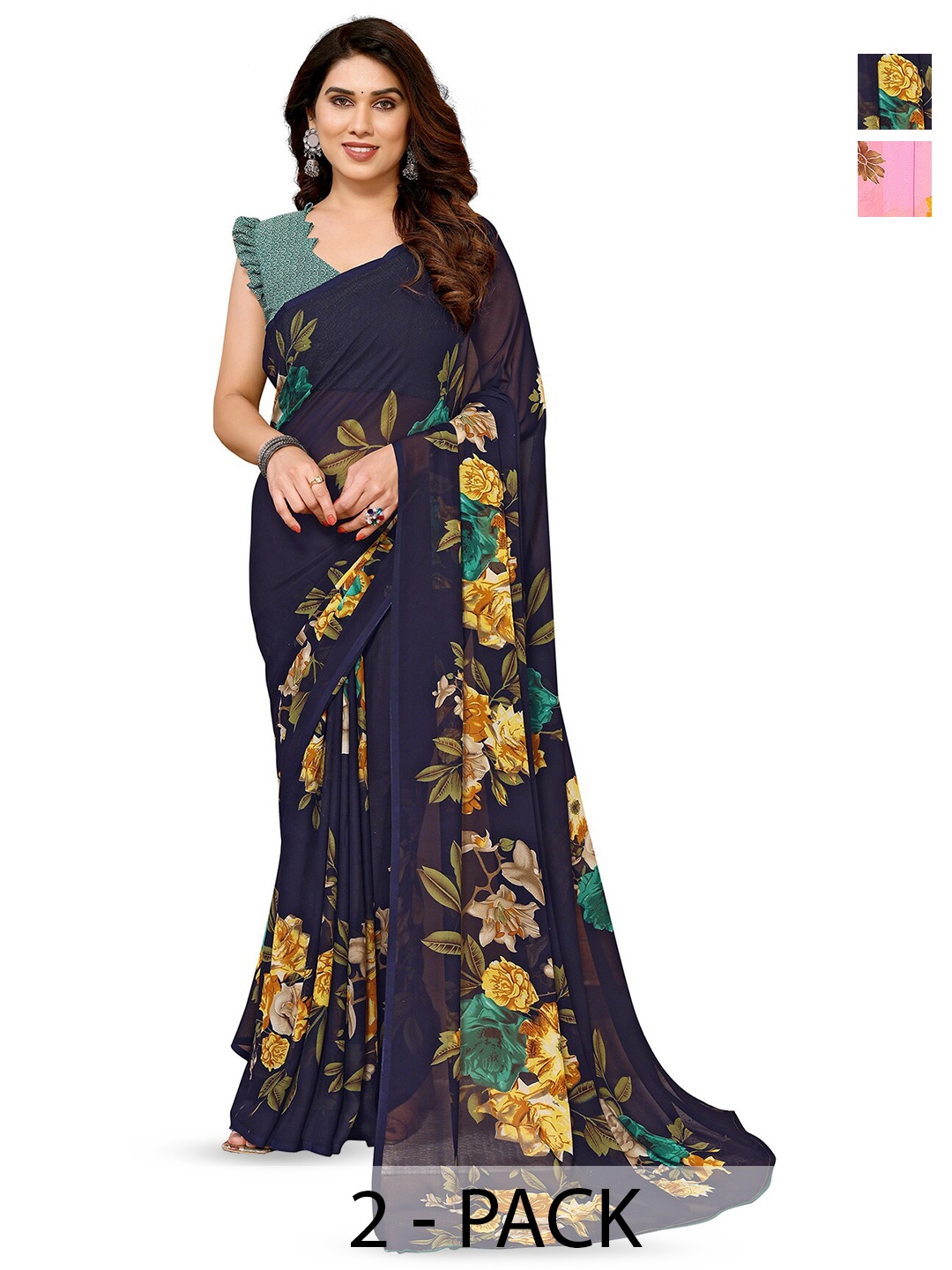 

ANAND SAREES Selection Of 2 Printed Sarees, Pink