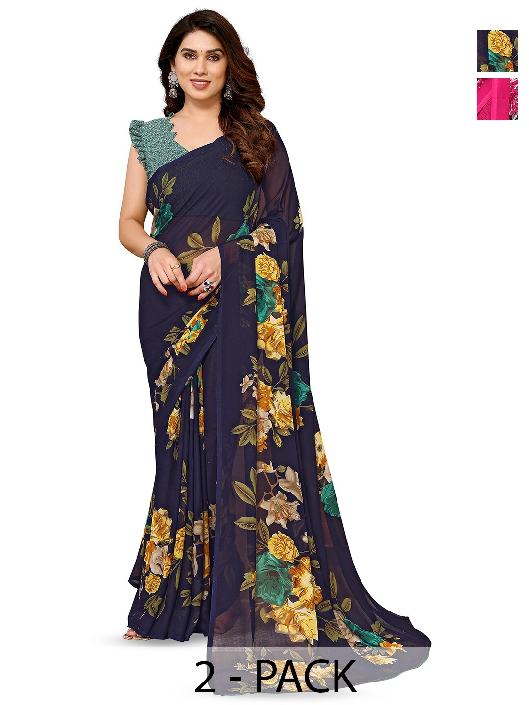 

ANAND SAREES Selection Of 2 Printed Saree, Navy blue