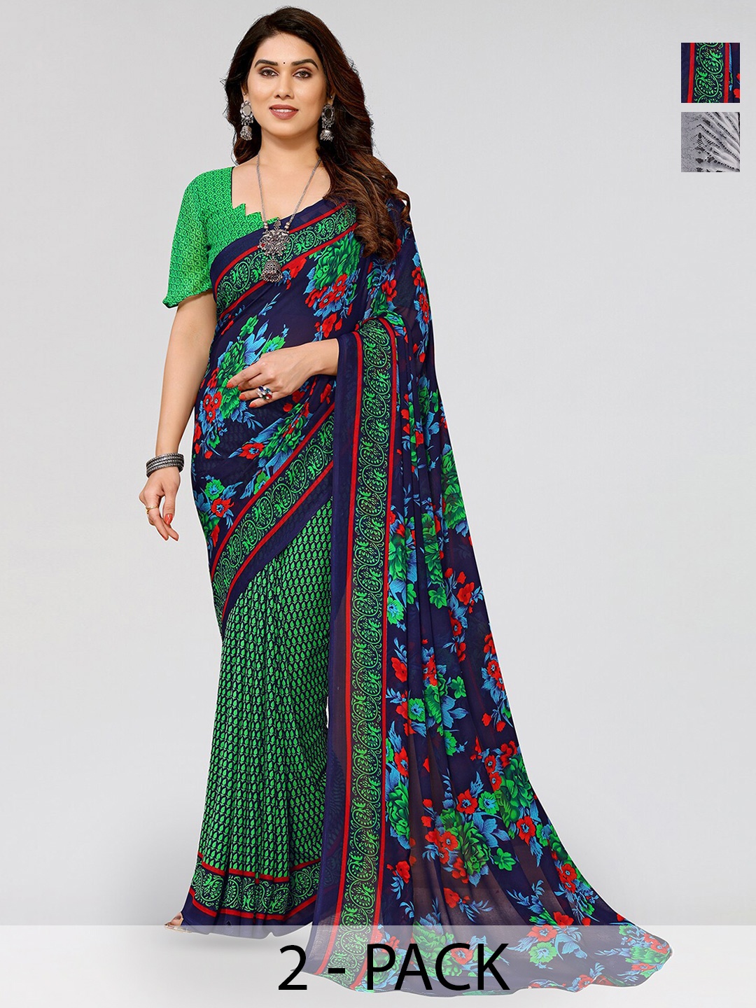 

ANAND SAREES Selection Of 2 Floral Printed Sarees, Navy blue