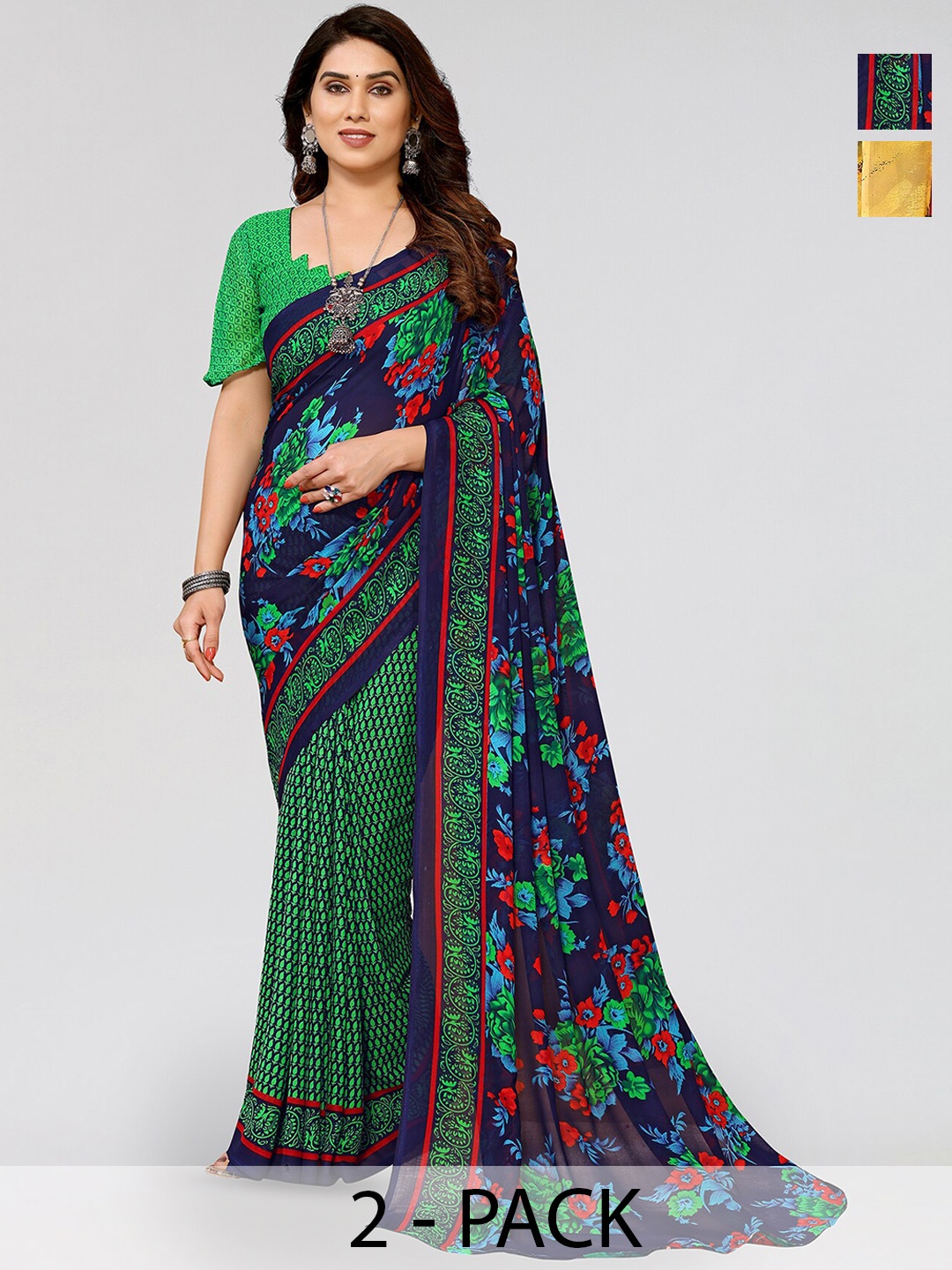 

ANAND SAREES Selection Of 2 Floral Printed Sarees, Yellow