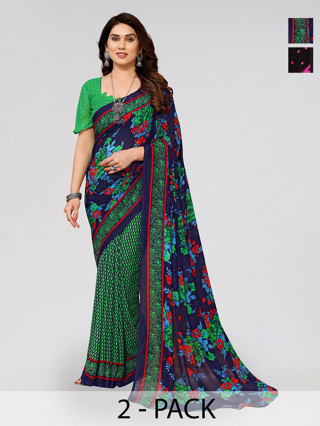 

ANAND SAREES Selection Of 2 Printed Sarees, Green