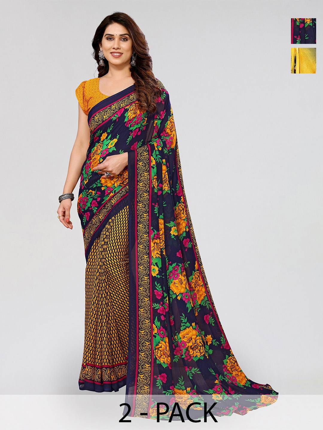 

ANAND SAREES Selection Of 2 Floral Printed Sarees, Navy blue