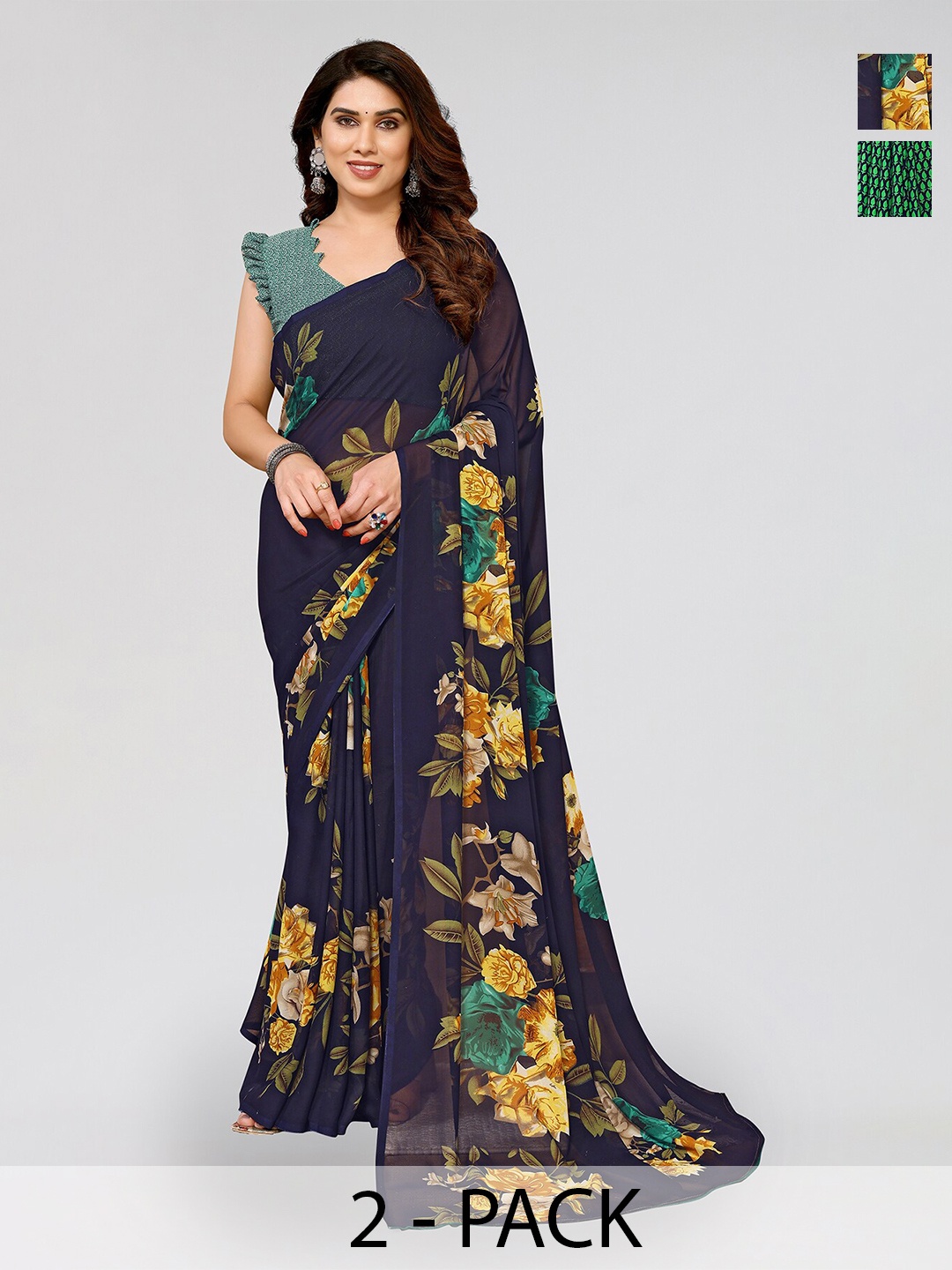 

ANAND SAREES Selection Of 2 Floral Printed Saree, Navy blue
