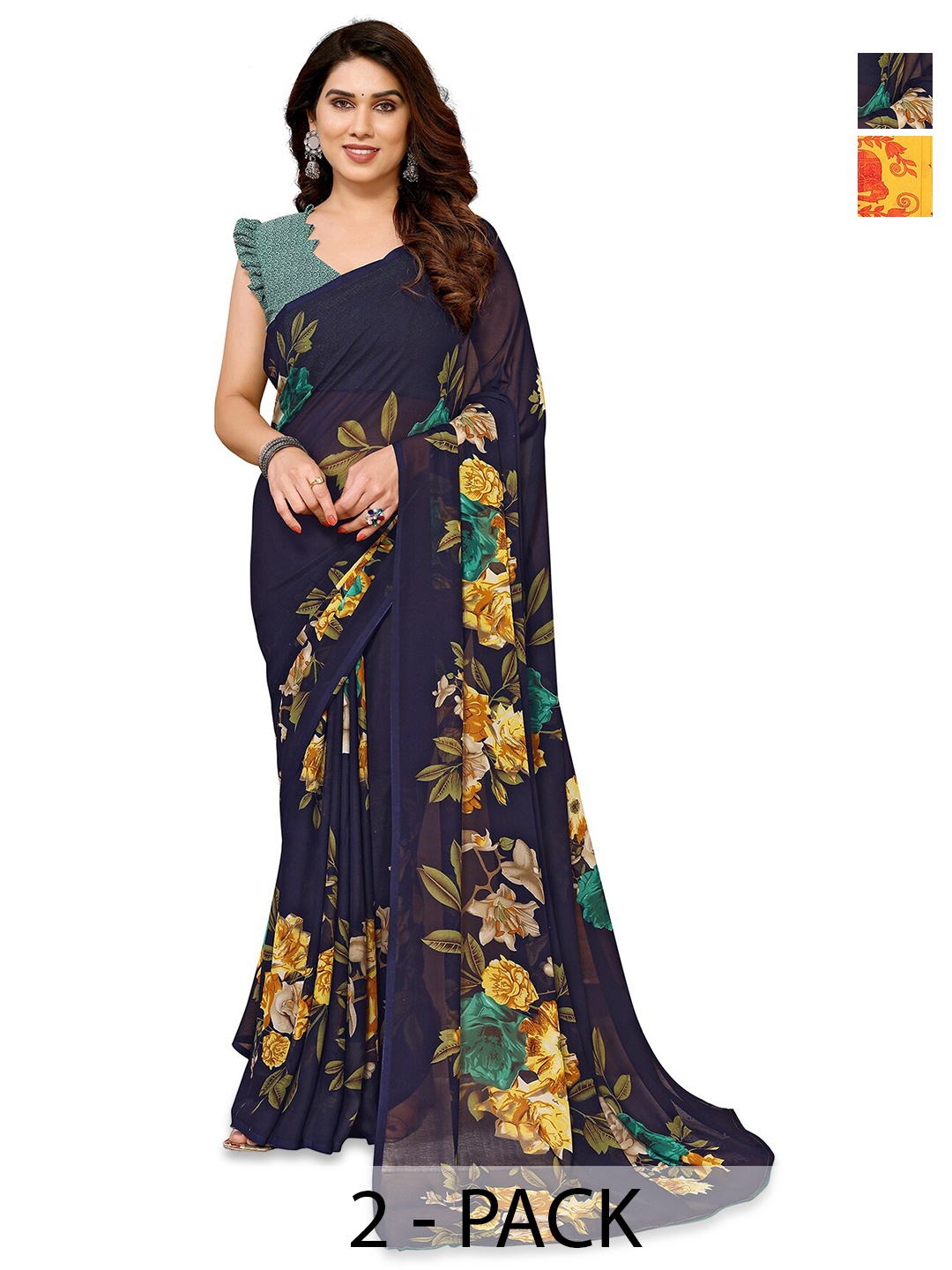 

ANAND SAREES Selection Of 2 Floral Printed Sarees, Navy blue