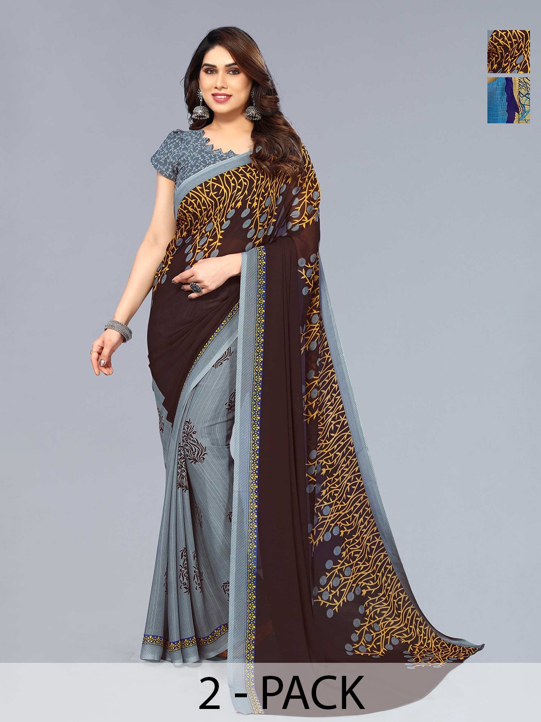 

ANAND SAREES Selection Of 2 Floral Printed Sarees, Grey