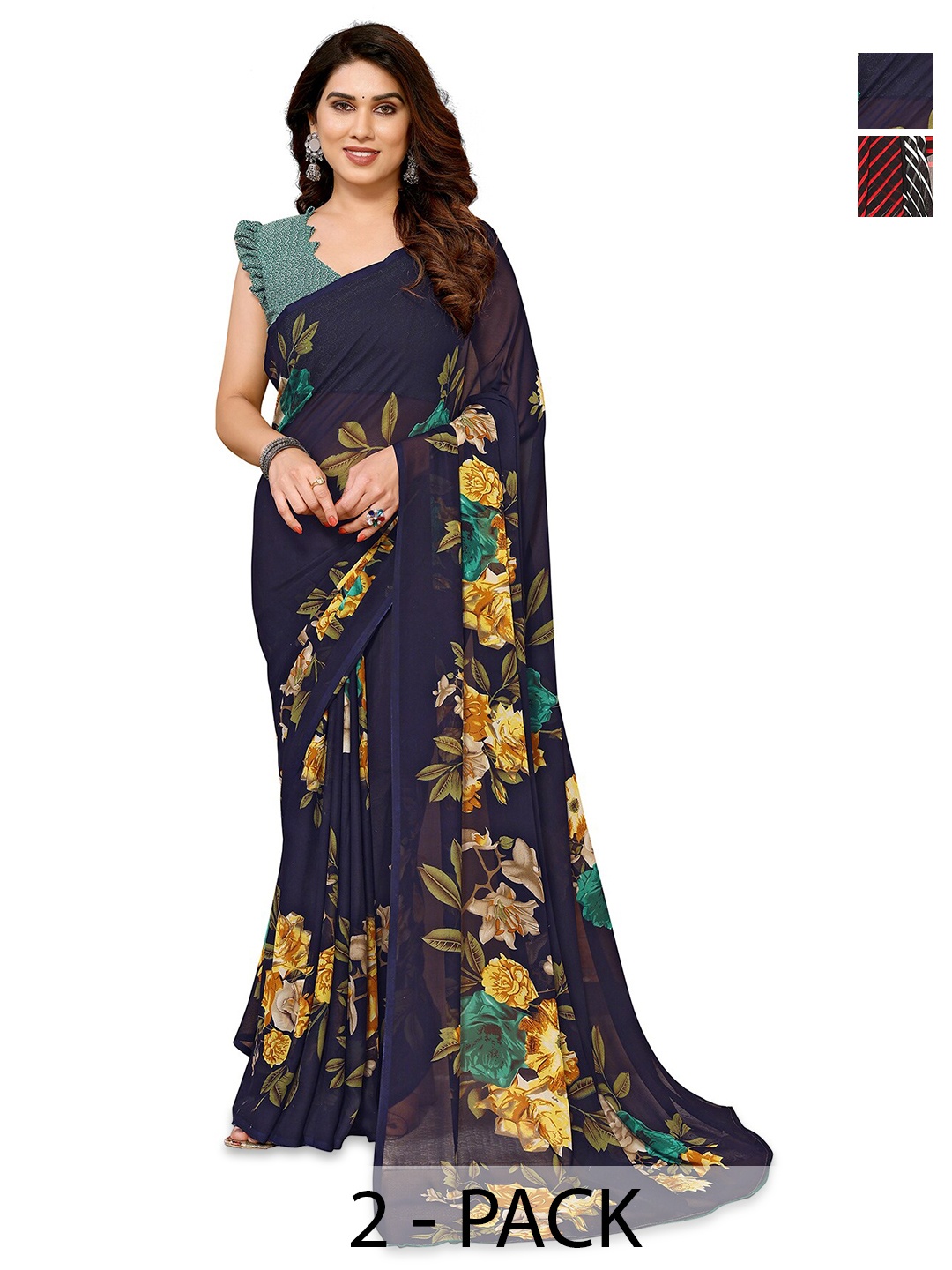 

ANAND SAREES Selection Of 2 Floral Saree, Navy blue