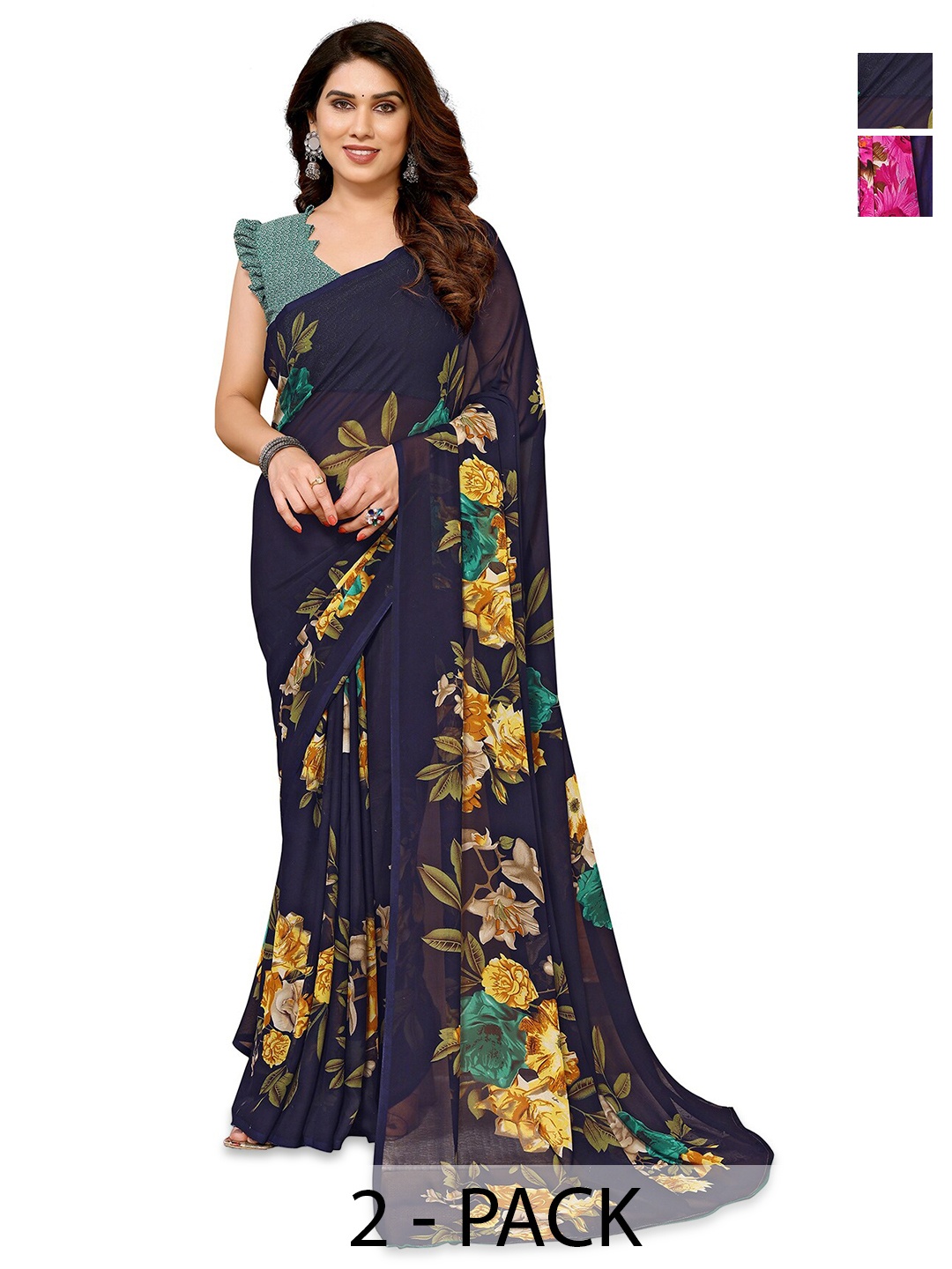 

ANAND SAREES Selection Of 2 Floral Printed Sarees, Navy blue