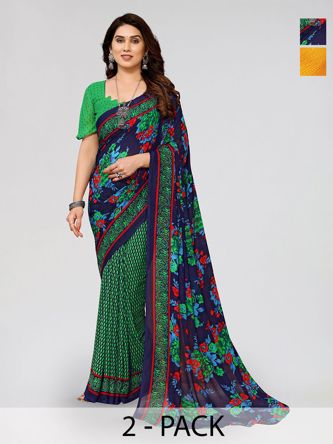 

ANAND SAREES Selection Of 2 Printed Sarees, Navy blue