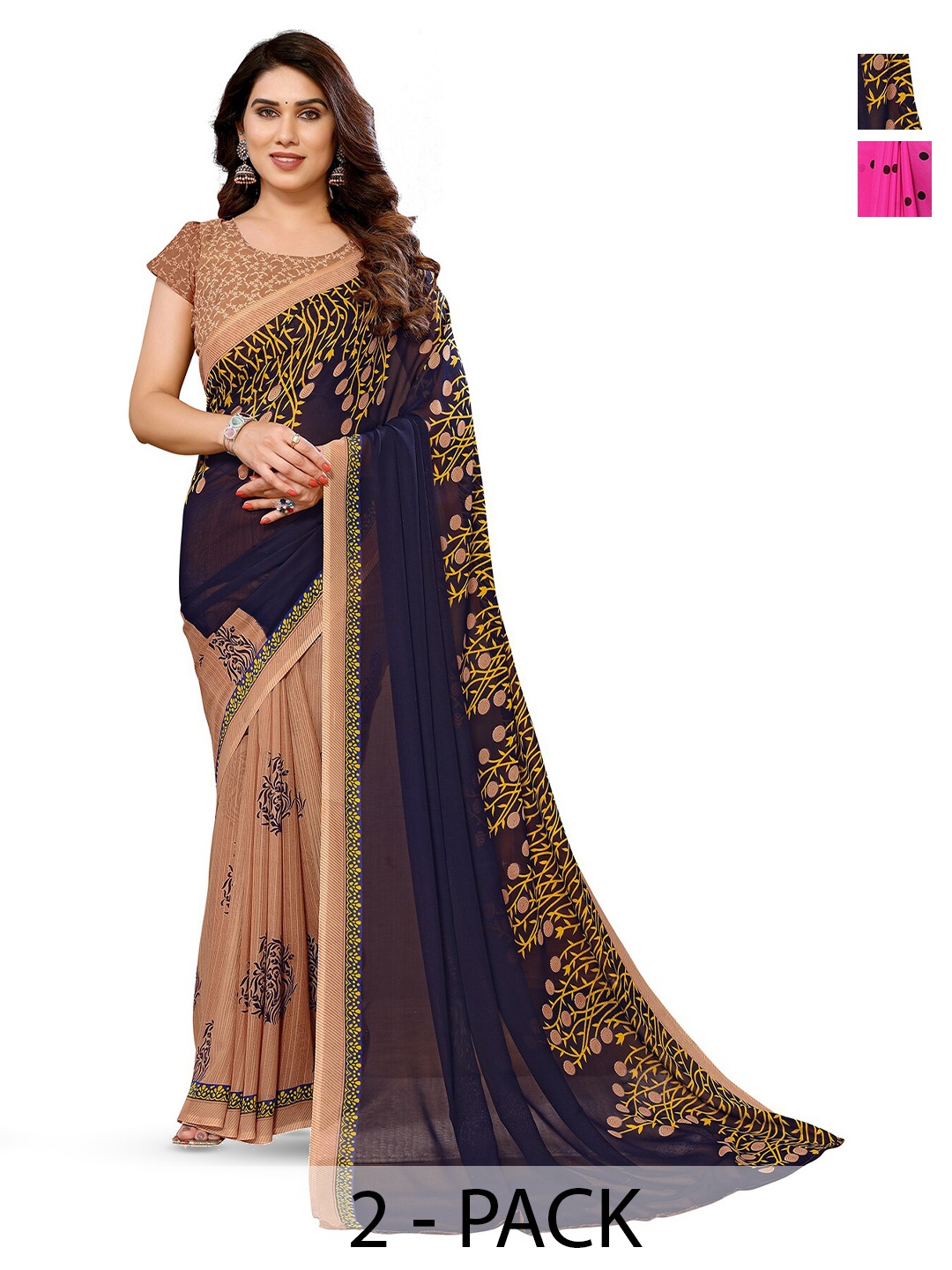 

ANAND SAREES Selection Of 2 Woven Design Floral Printed Saree, Black