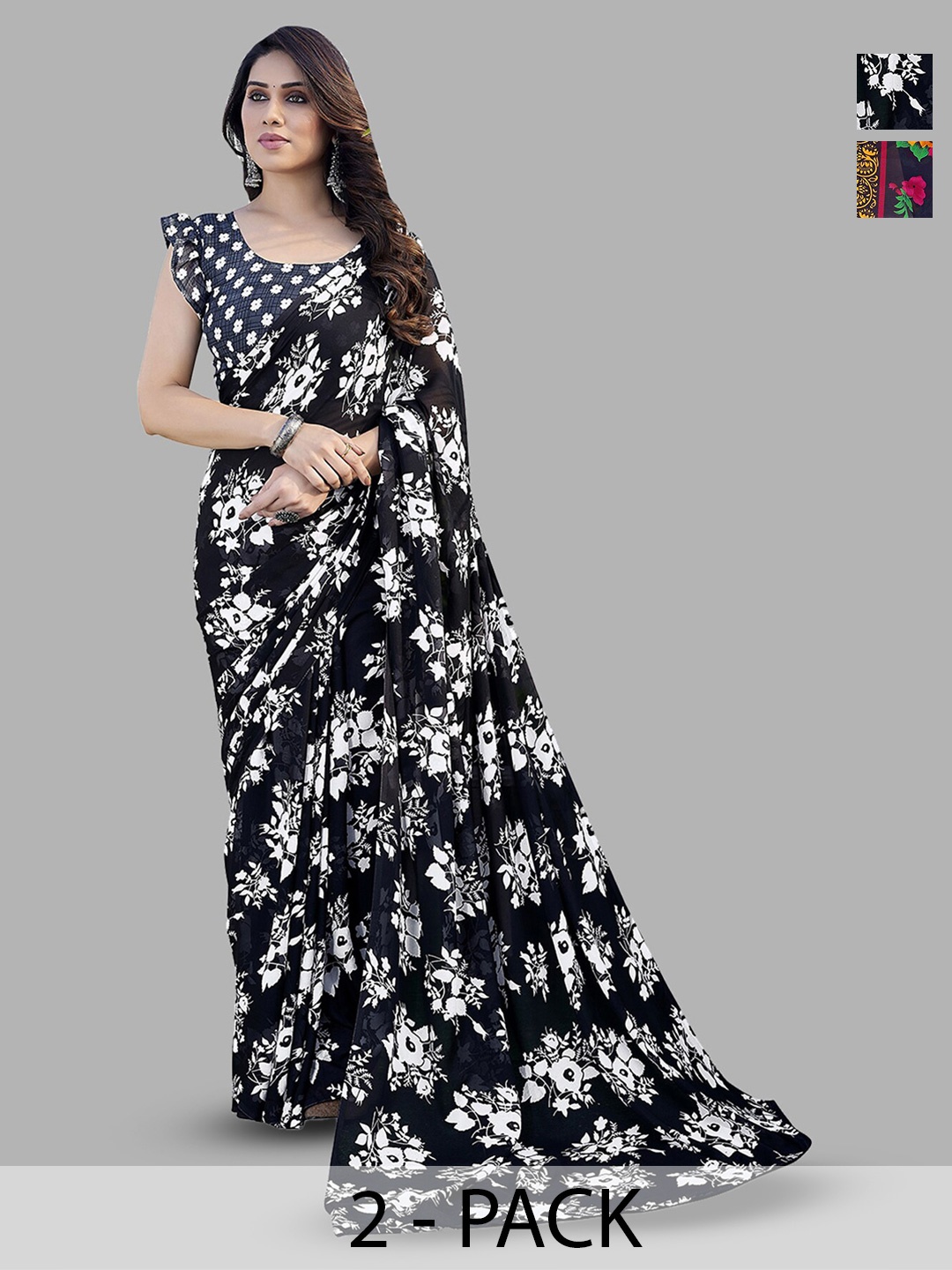 

ANAND SAREES Selection of 2 Floral Printed Sarees, Black