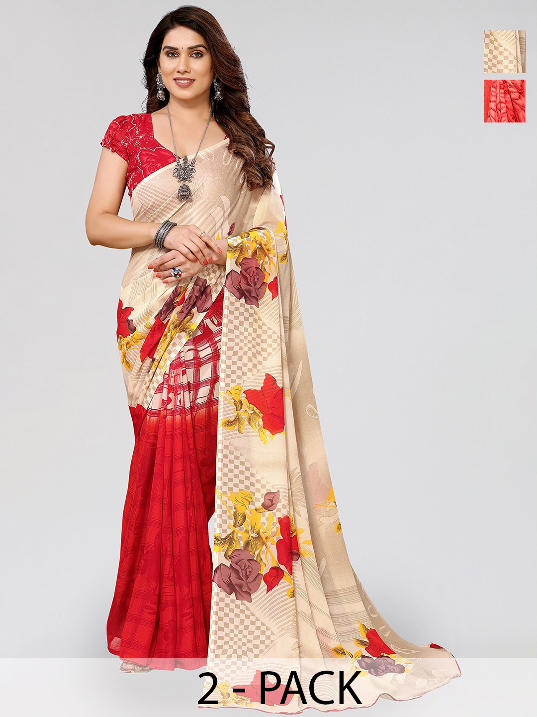 

ANAND SAREES Selection Of 2 Floral Printed Sarees, Red