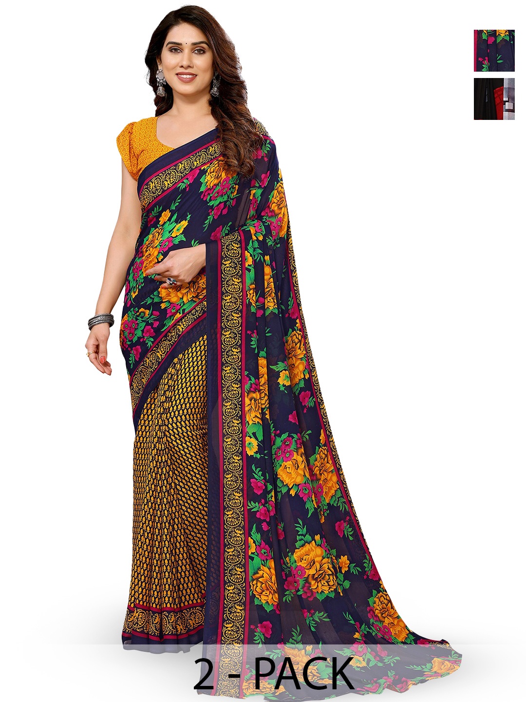 

ANAND SAREES Selection Of 2 Floral Printed Sarees, Blue