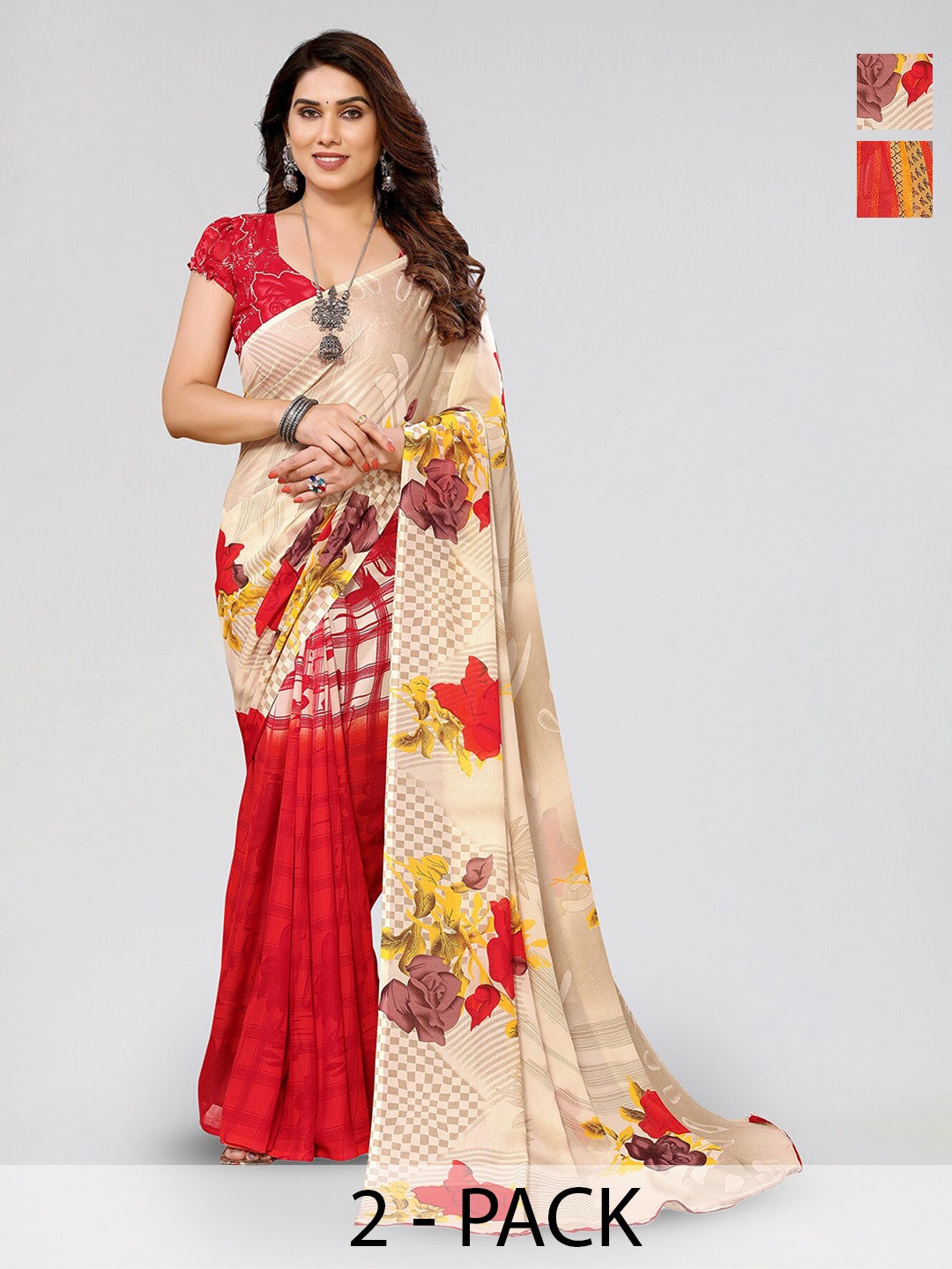 

ANAND SAREES Floral Printed Saree With unstitched blouse pieces, Beige
