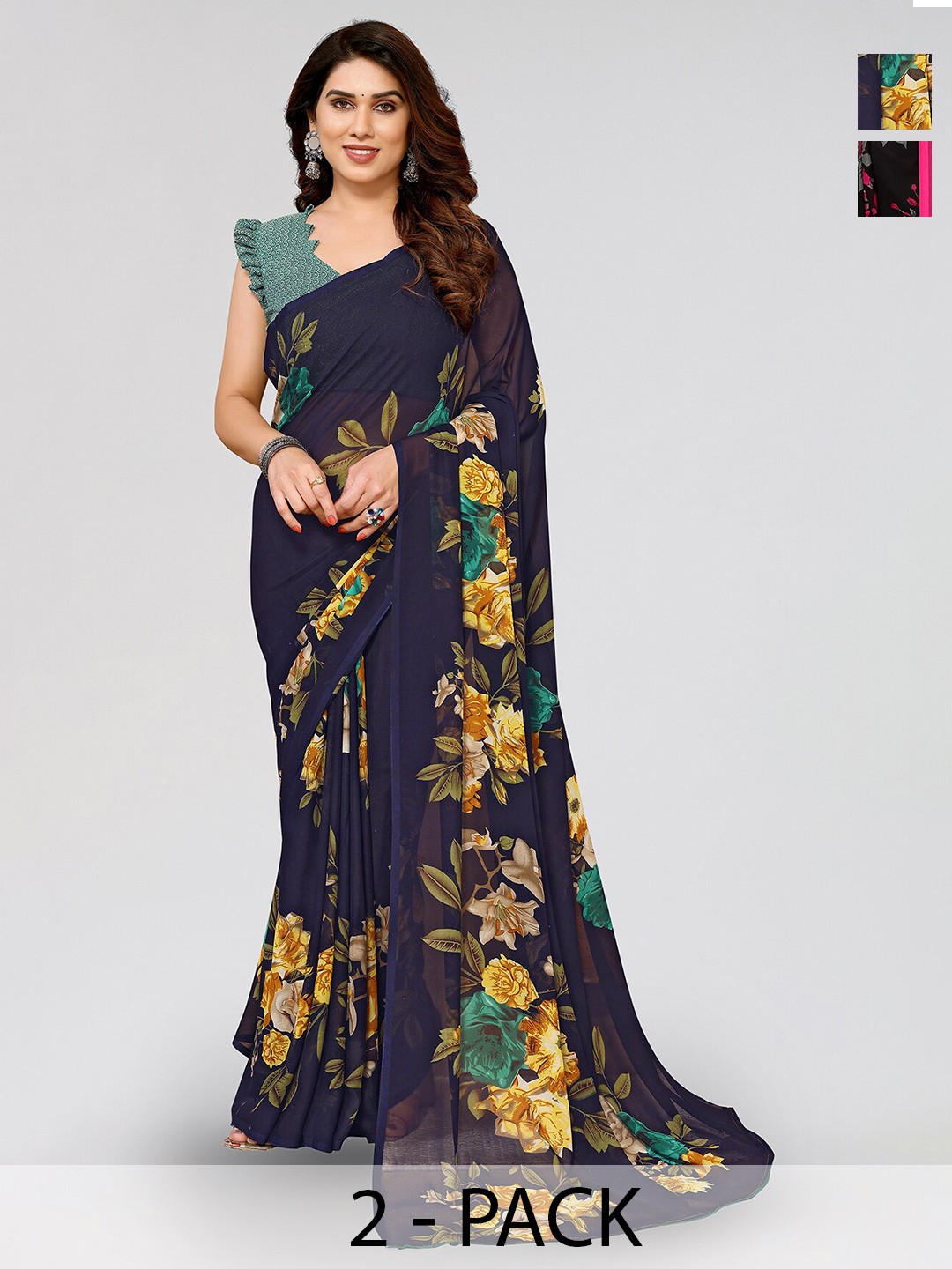 

ANAND SAREES Selection Of 2 Floral Printed Sarees, Navy blue