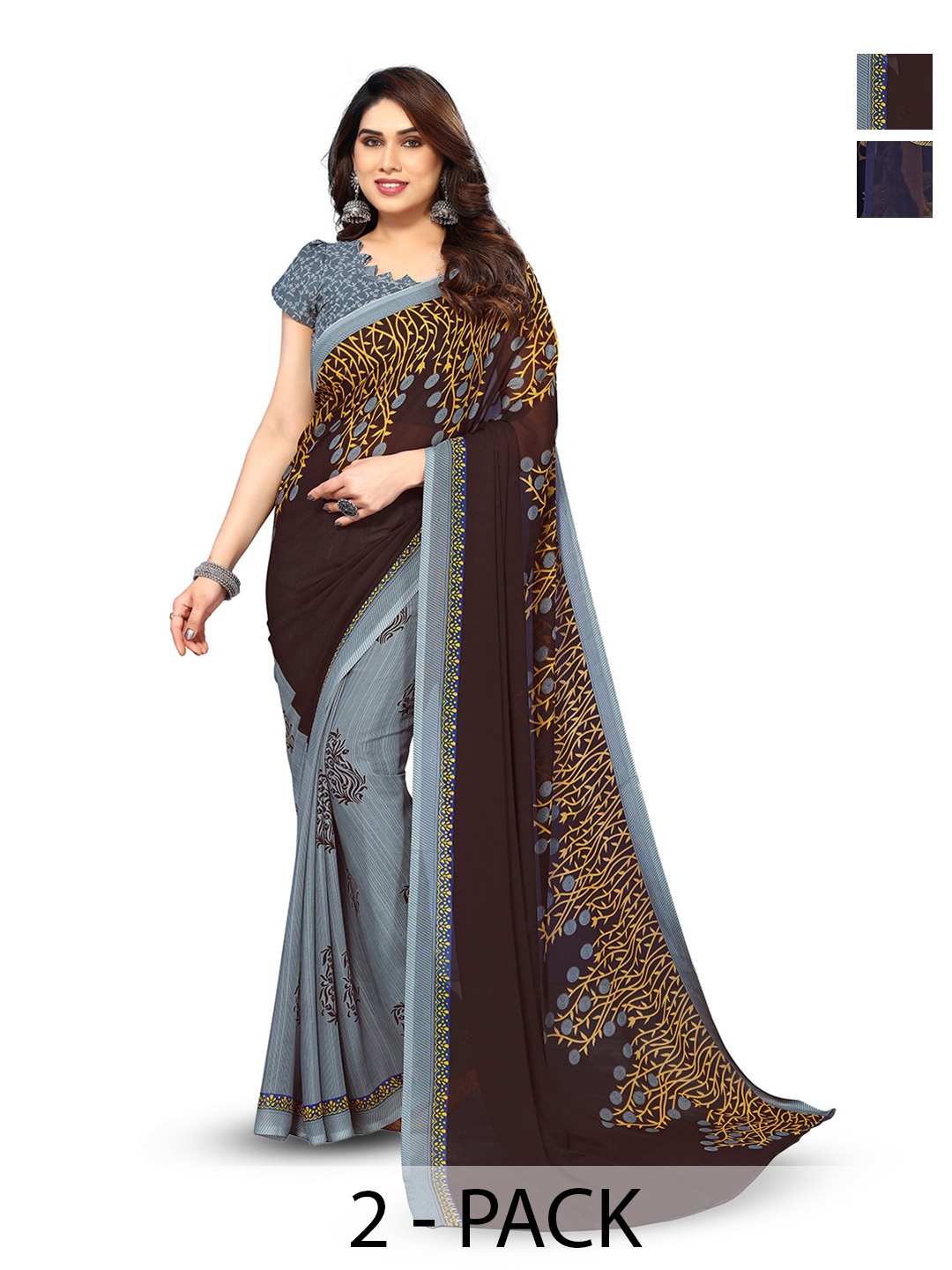 

ANAND SAREES Selection Of 2 Floral Printed Sarees, Navy blue