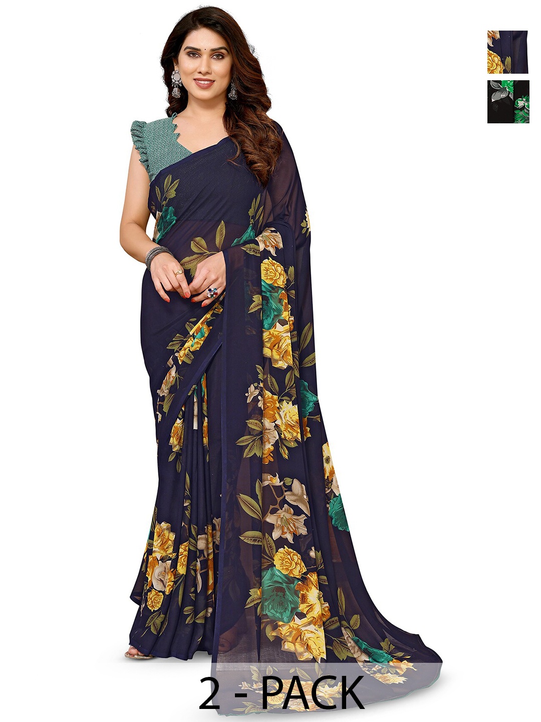 

ANAND SAREES Selection of 2 Floral Printed Saree, Navy blue