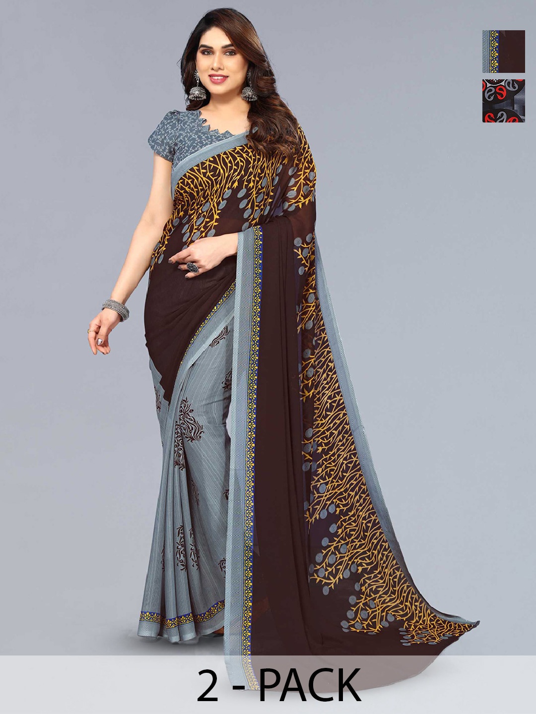 

ANAND SAREES Selection Of 2 Floral Printed Saree, Grey