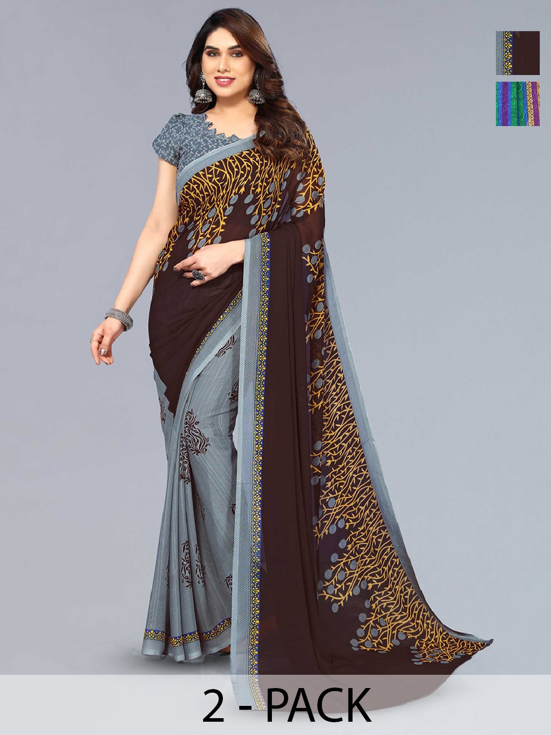 

ANAND SAREES Selection Of 2 Printed Sarees, Green