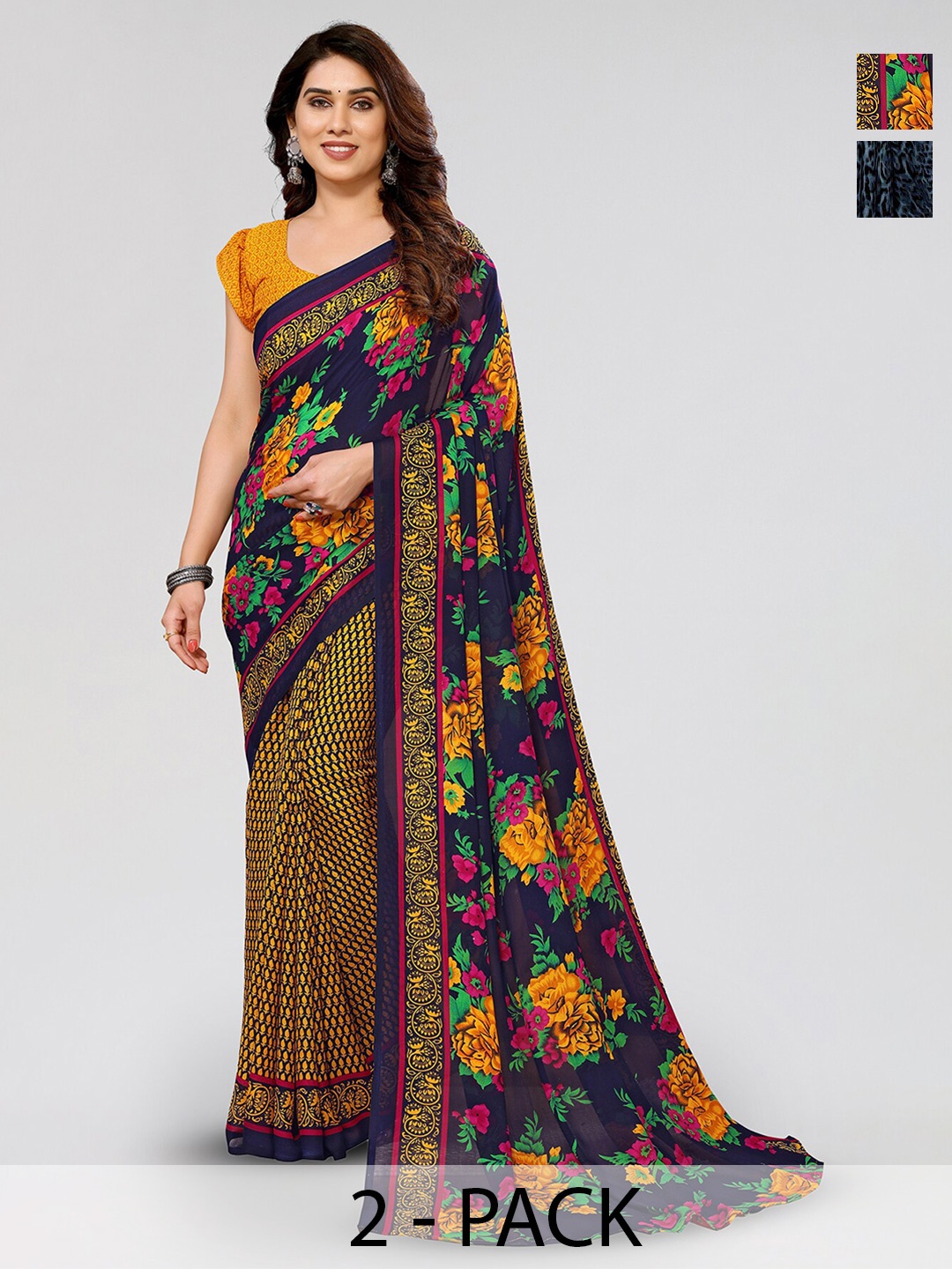 

ANAND SAREES Selection Of 2 Floral Printed Saree, Navy blue